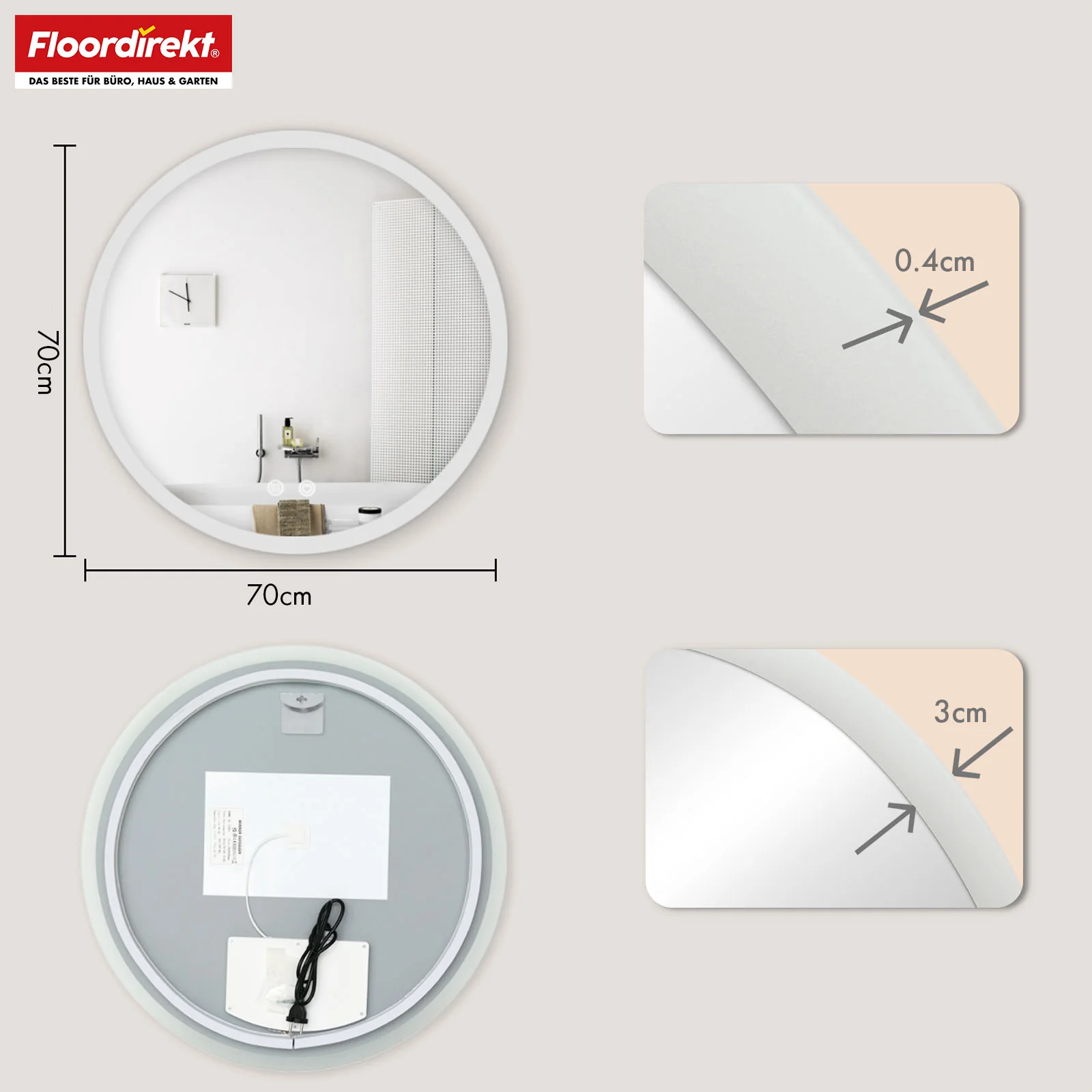 Badspiegel mit LED Beleuchtung | Liora | Touch-Bedienung mit Antibeschlag & 3 wählbare Lichtfarben | In verschiedenen Größen erhältlich - Image 11