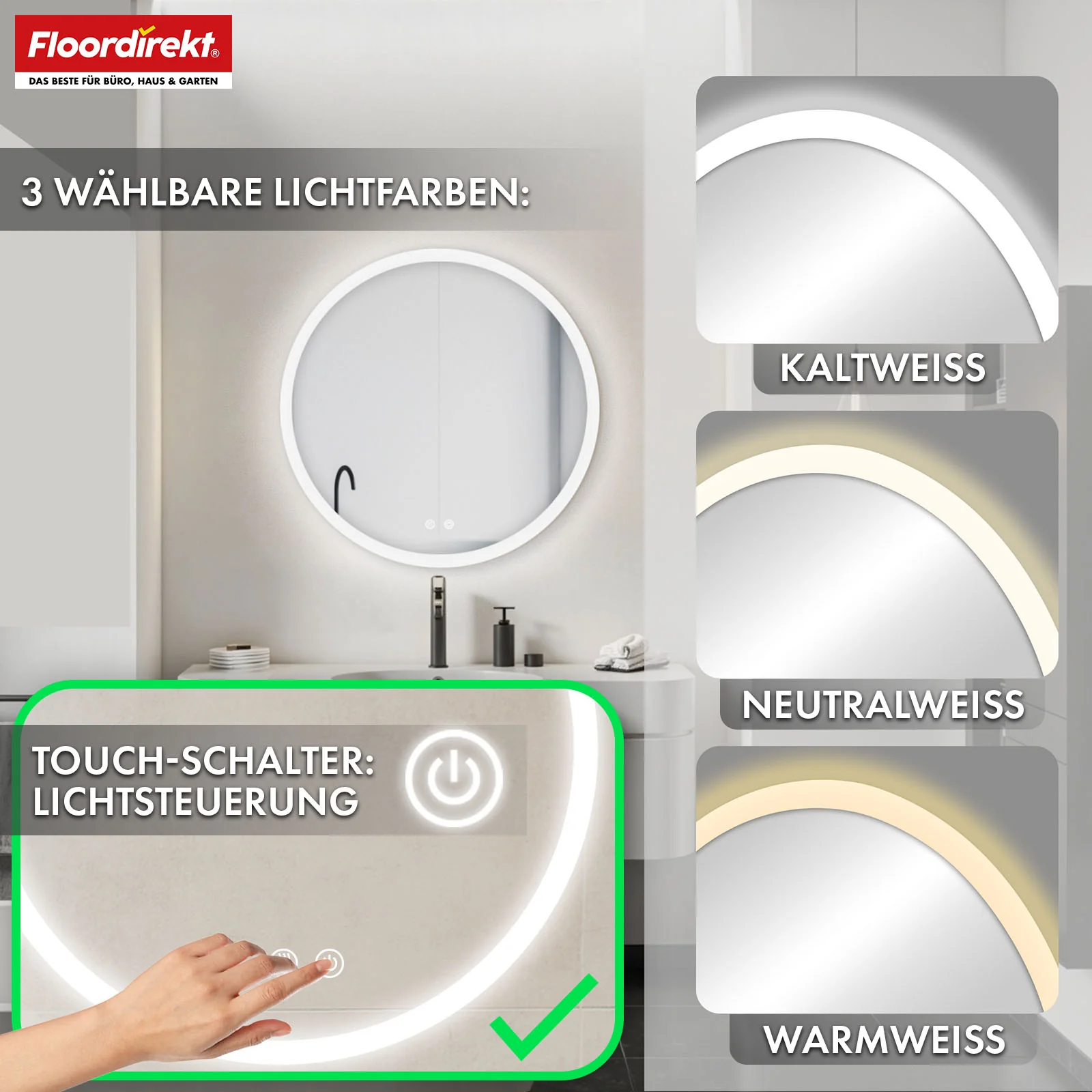 Badspiegel mit LED Beleuchtung | Liora | Touch-Bedienung mit Antibeschlag & 3 wählbare Lichtfarben | In verschiedenen Größen erhältlich - Image 12
