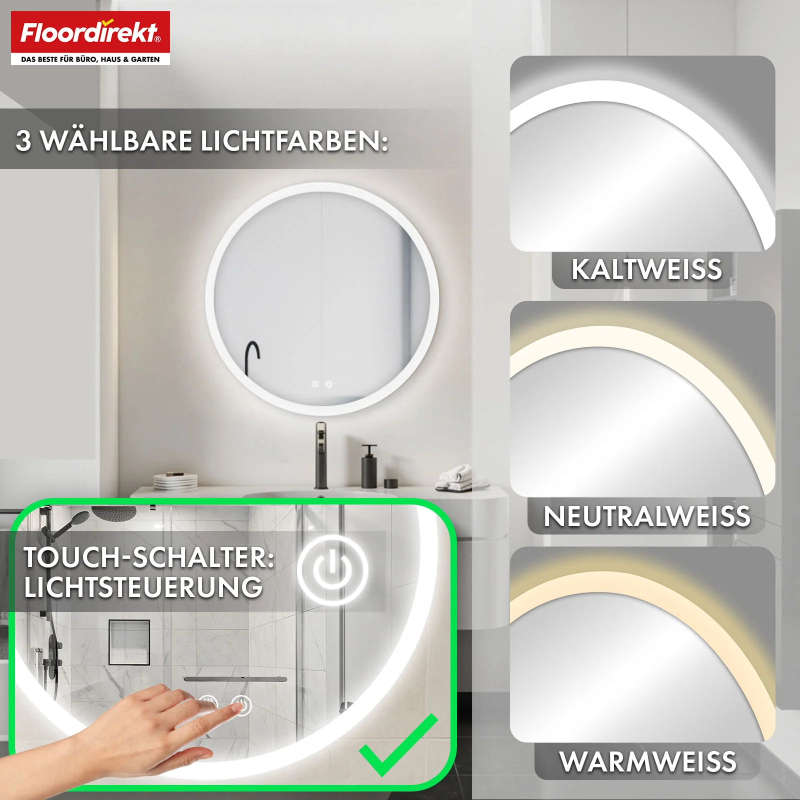 Badspiegel mit LED Beleuchtung | Liora | Touch-Bedienung mit Antibeschlag & 3 wählbare Lichtfarben | In verschiedenen Größen erhältlich - Image 3