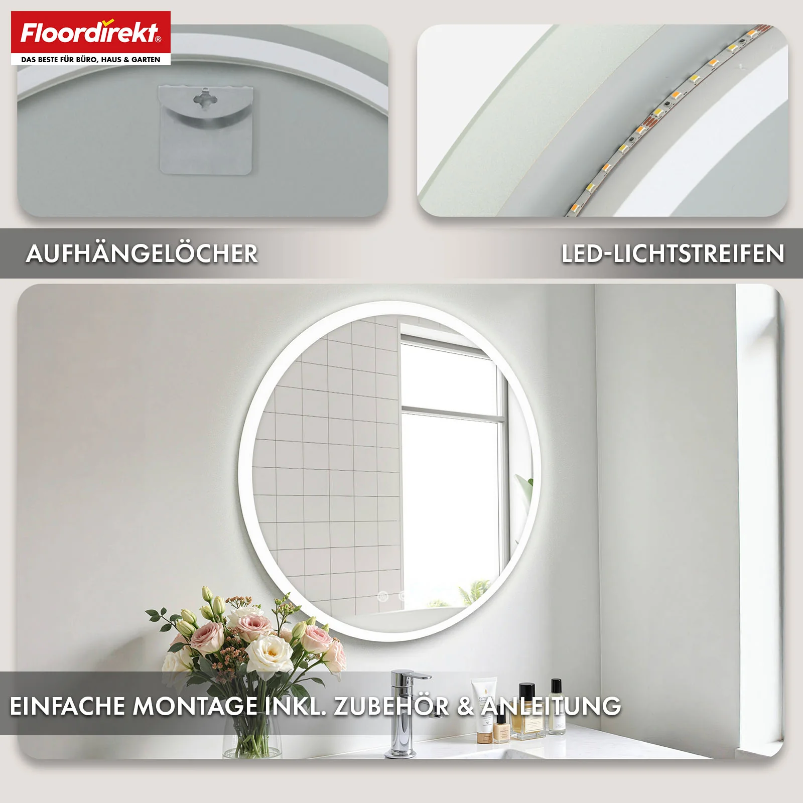 Badspiegel mit LED Beleuchtung | Liora | Touch-Bedienung mit Antibeschlag & 3 wählbare Lichtfarben | In verschiedenen Größen erhältlich - Image 9