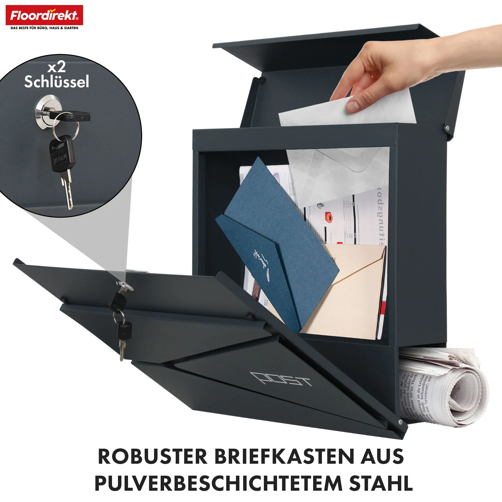 Briefkasten | Armand | Wetterfester Stahlbriefkasten mit C4-Einwurf und integriertem Zeitungsfach - Image 3