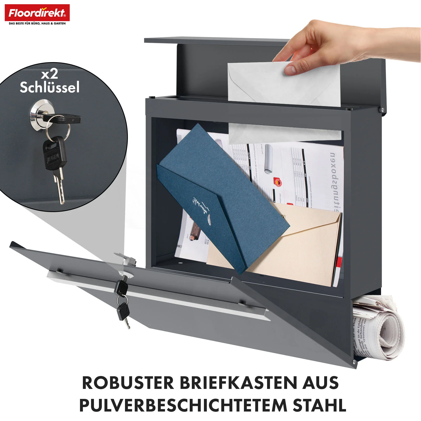 Briefkasten | Gaston | Moderner Wandbriefkasten mit Zeitungsfach & Edelstahl-Namensschild in Anthrazit - Image 3