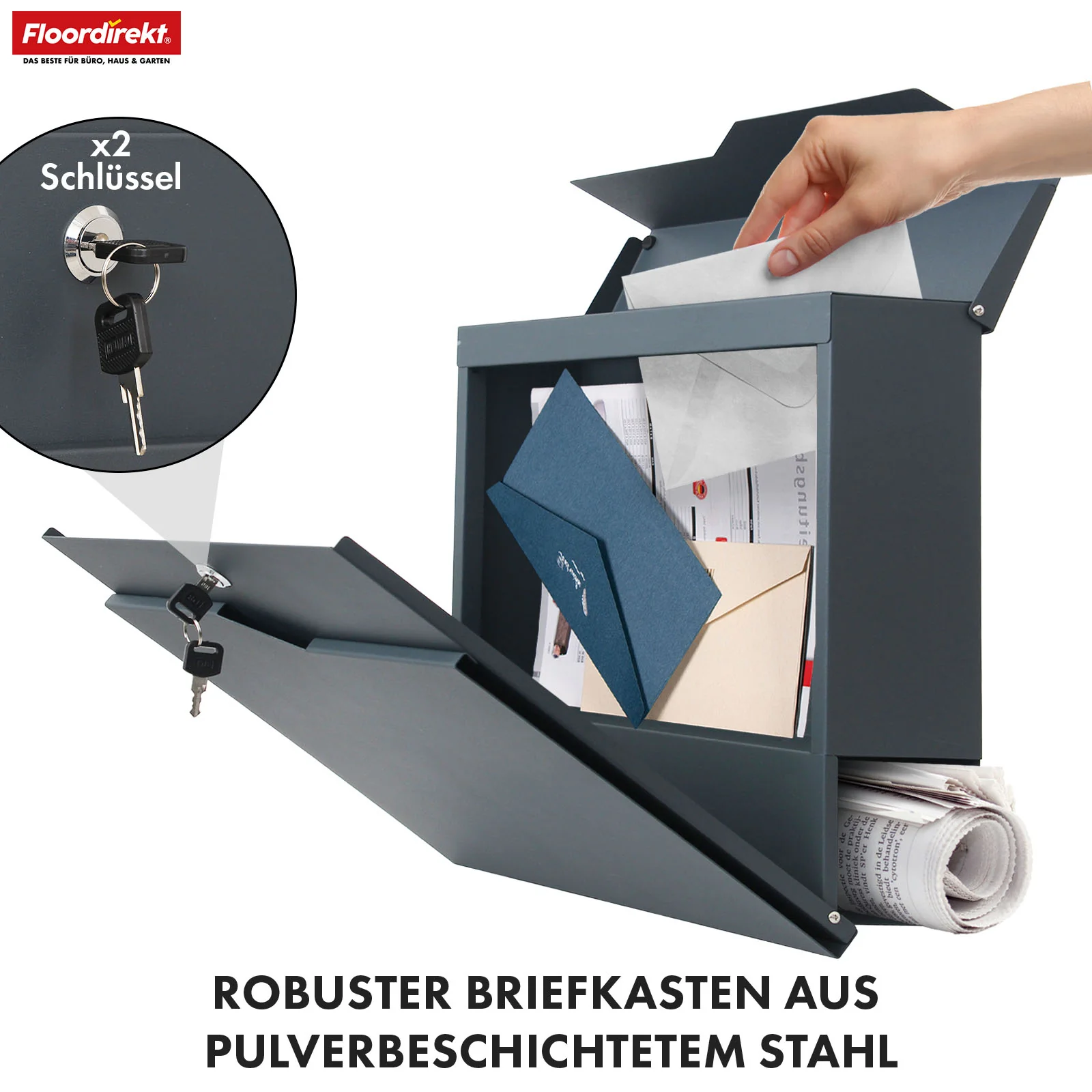 Briefkasten | Jean | Stabiler Stahlbriefkasten mit Zeitungsfach und großer Einwurfklappe - Image 3