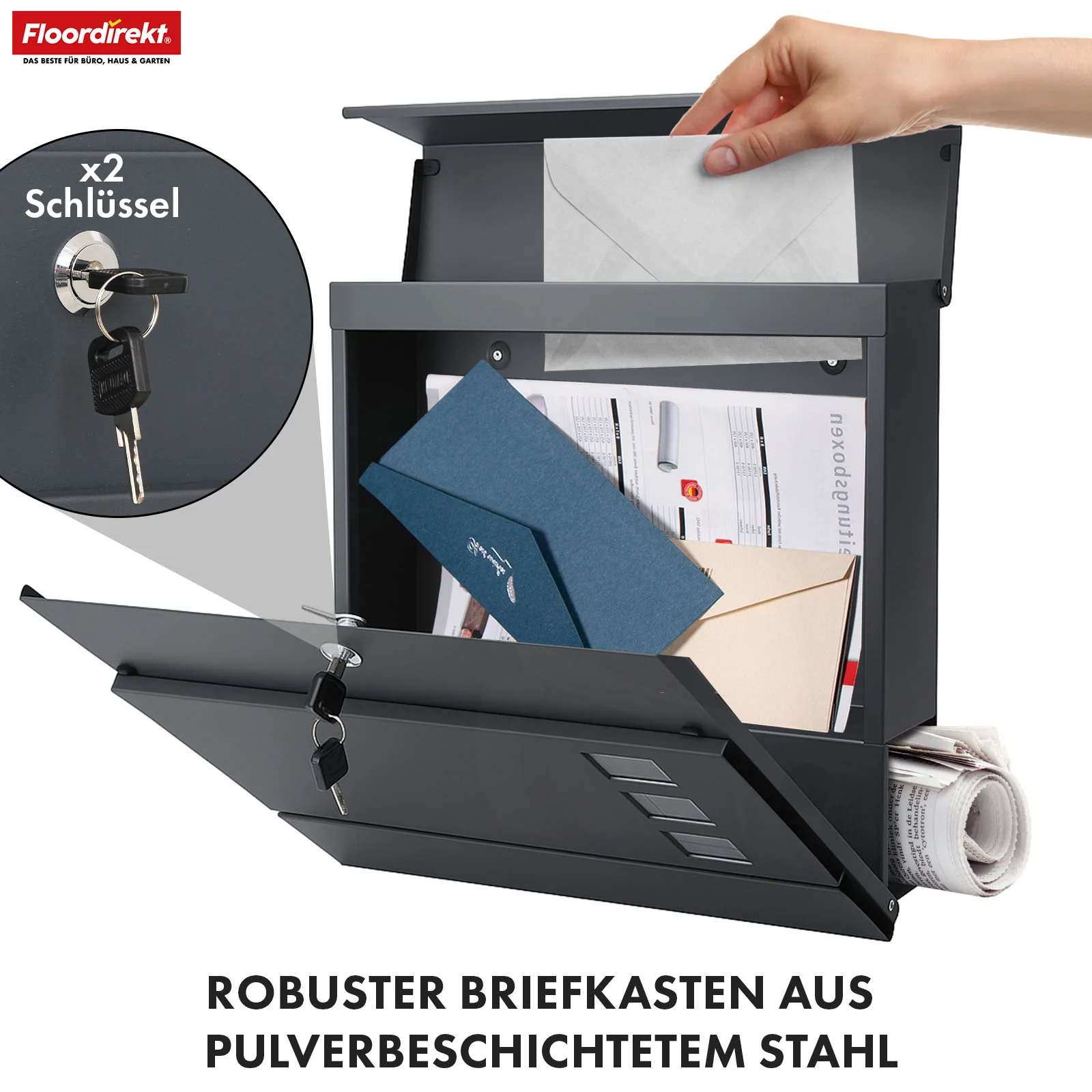 Briefkasten | Jules | Anthrazitfarbener Wandbriefkasten mit Sichtfenstern und Zeitungsfach - Image 3