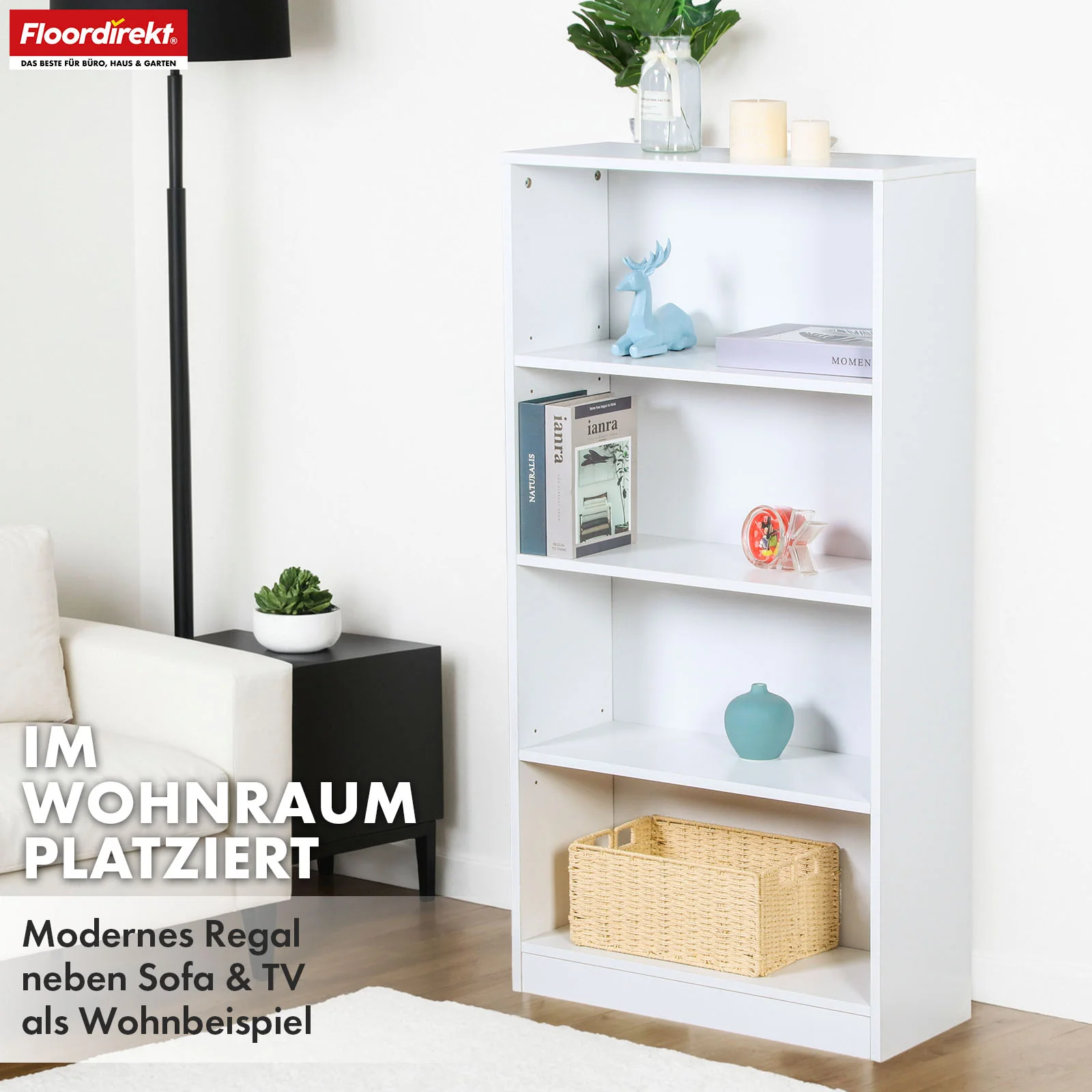 Bücherregal | Maine | Weißes Standregal aus Holz mit 3/4/6 Etagen | Offen & platzsparend für Wohnzimmer, Büro & mehr - Image 16