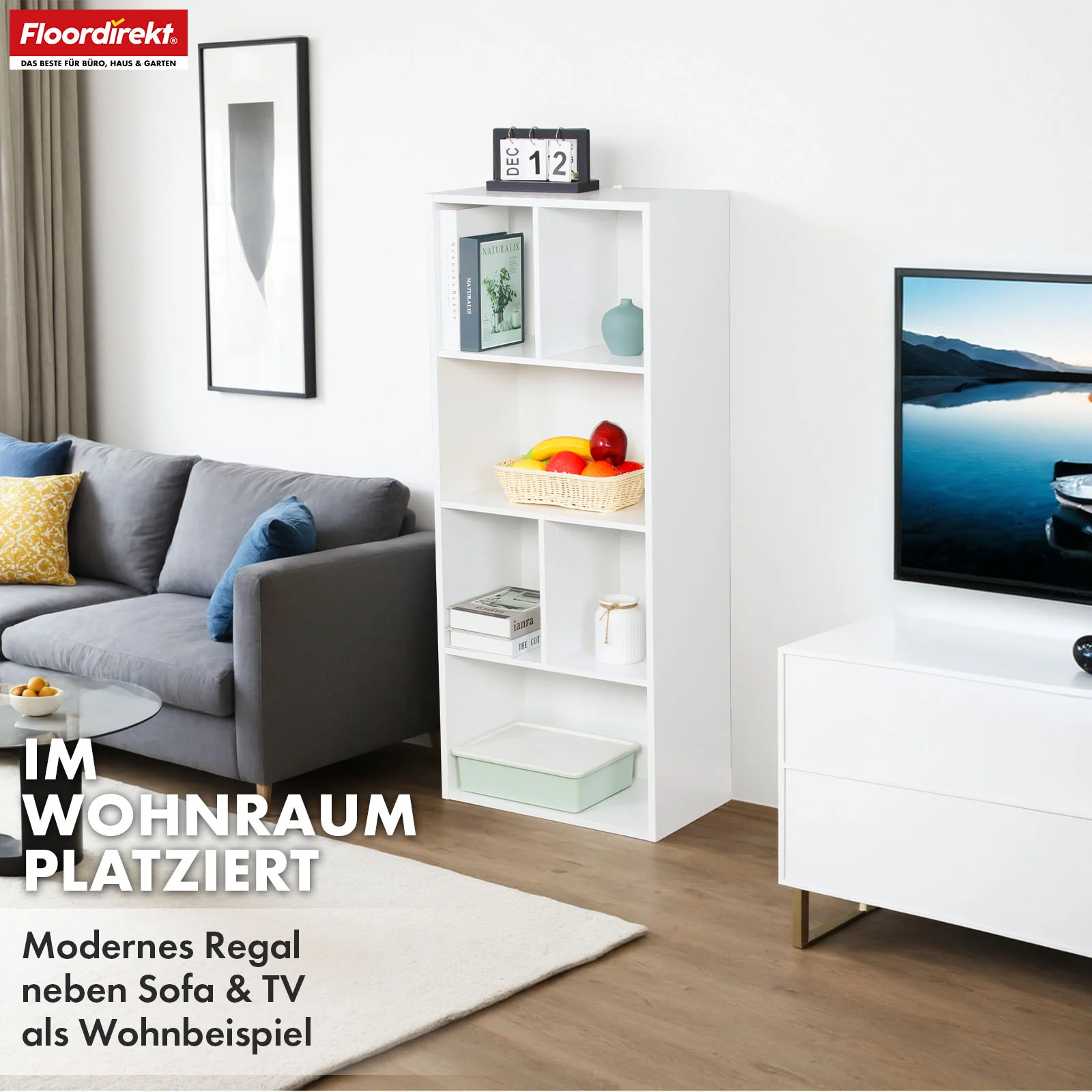 Bücherregal | California | Modernes, platzsparendes MDF-Regal mit Anti-Kipp-Sicherung in Weiß 4-8 offene Fächer - Image 16