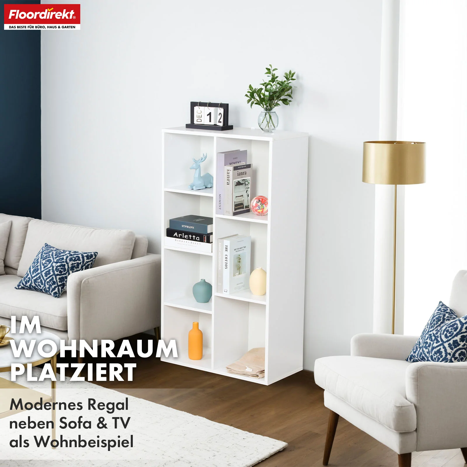 Bücherregal | California | Modernes, platzsparendes MDF-Regal mit Anti-Kipp-Sicherung in Weiß 4-8 offene Fächer - Image 24