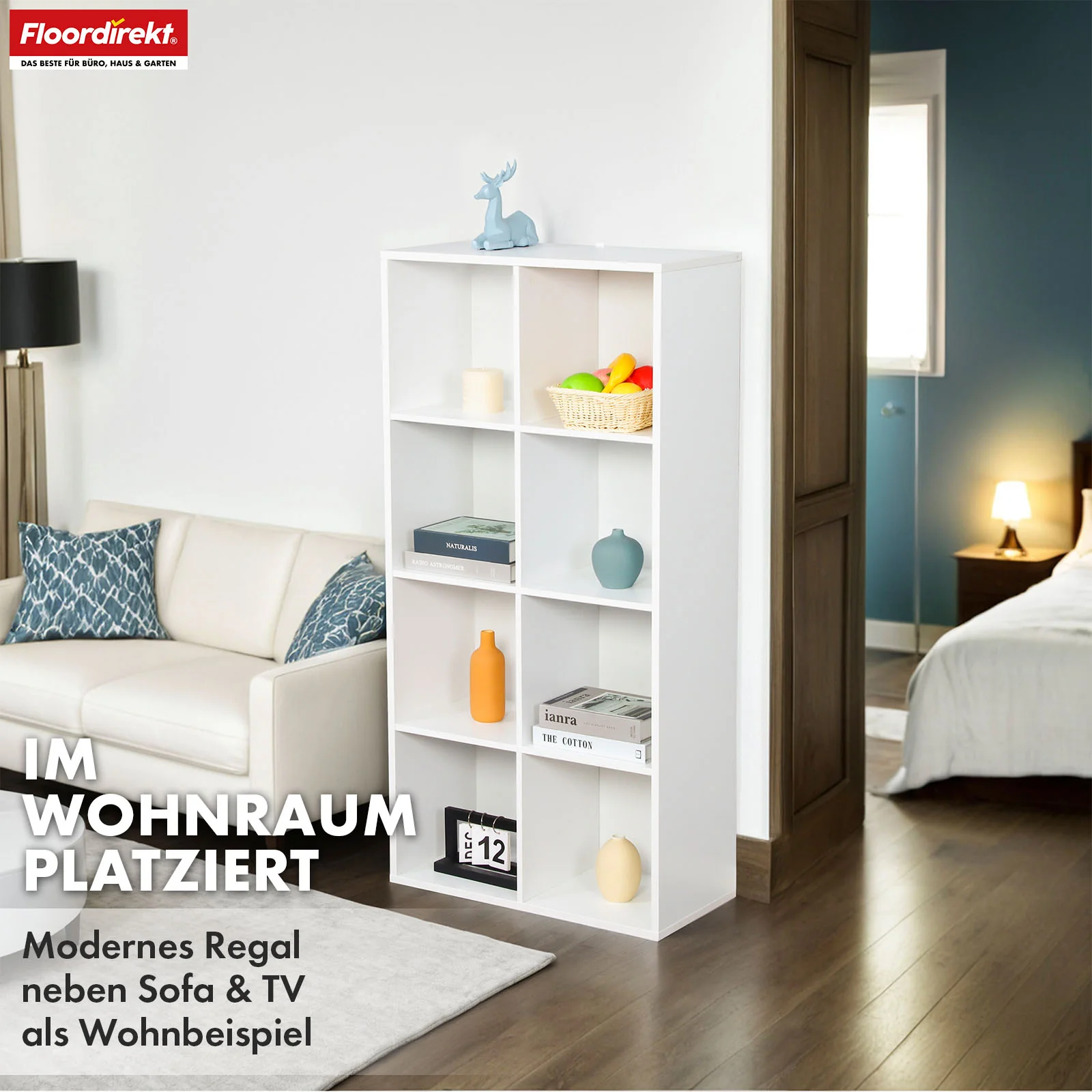 Bücherregal | California | Modernes, platzsparendes MDF-Regal mit Anti-Kipp-Sicherung in Weiß 4-8 offene Fächer - Image 32