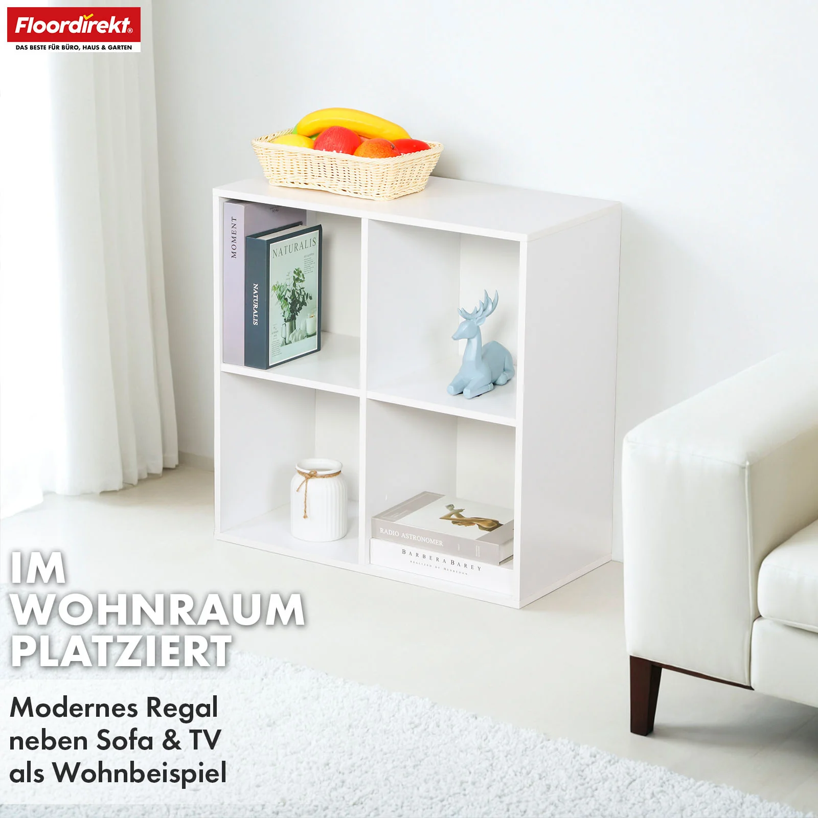 Bücherregal | California | Modernes, platzsparendes MDF-Regal mit Anti-Kipp-Sicherung in Weiß 4-8 offene Fächer - Image 8
