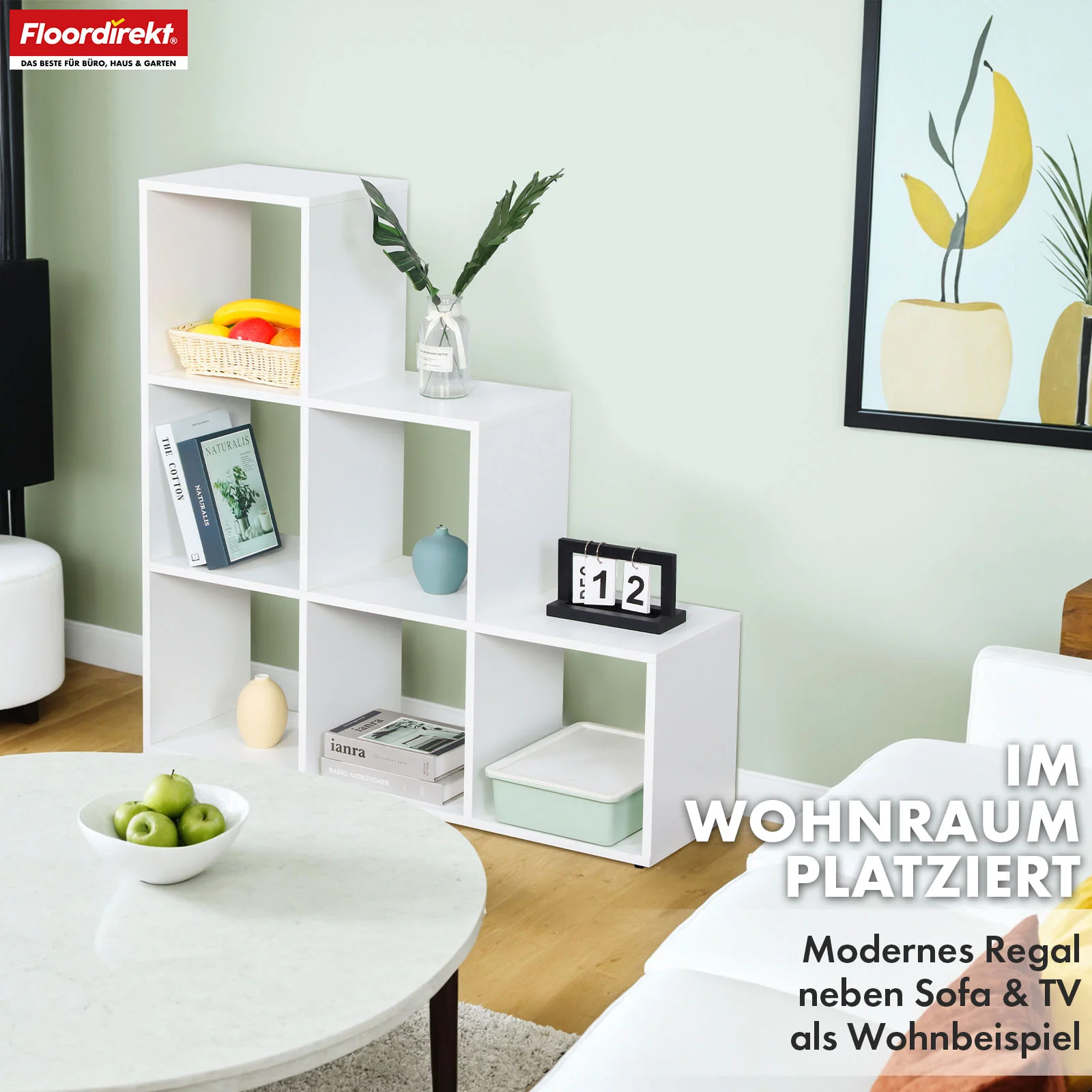 Bücherregal | Carolina | Weißes Stufenregal aus MDF mit 6 Fächern für Bücher, Pflanzen & Deko - Image 7