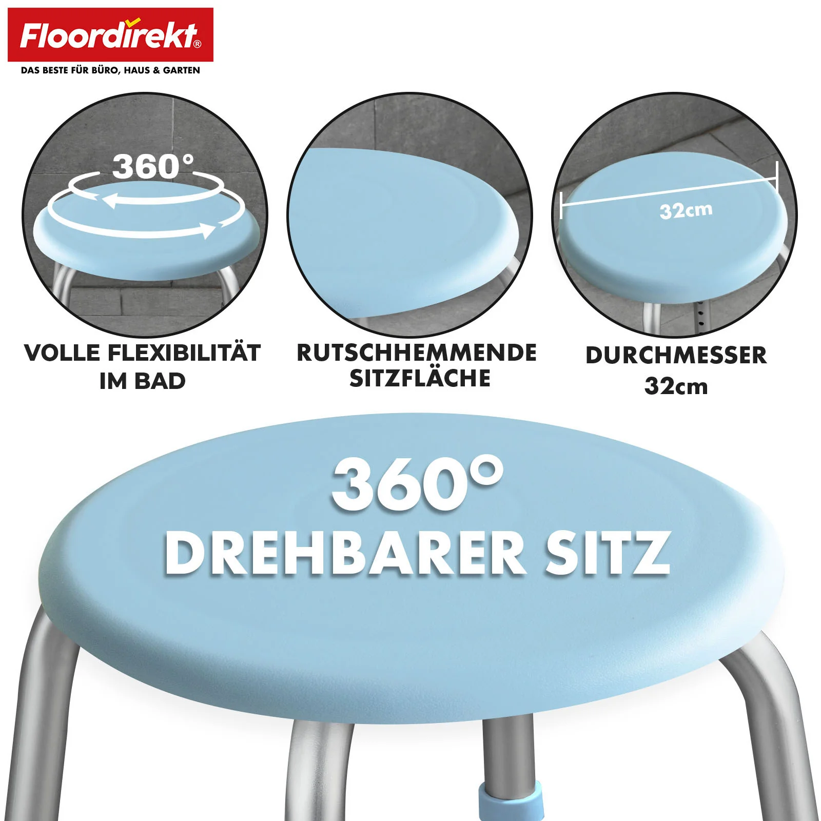 Duschhocker | Pedro | Höhenverstellbarer Drehhocker 360° drehbar bis 150 kg - Image 6