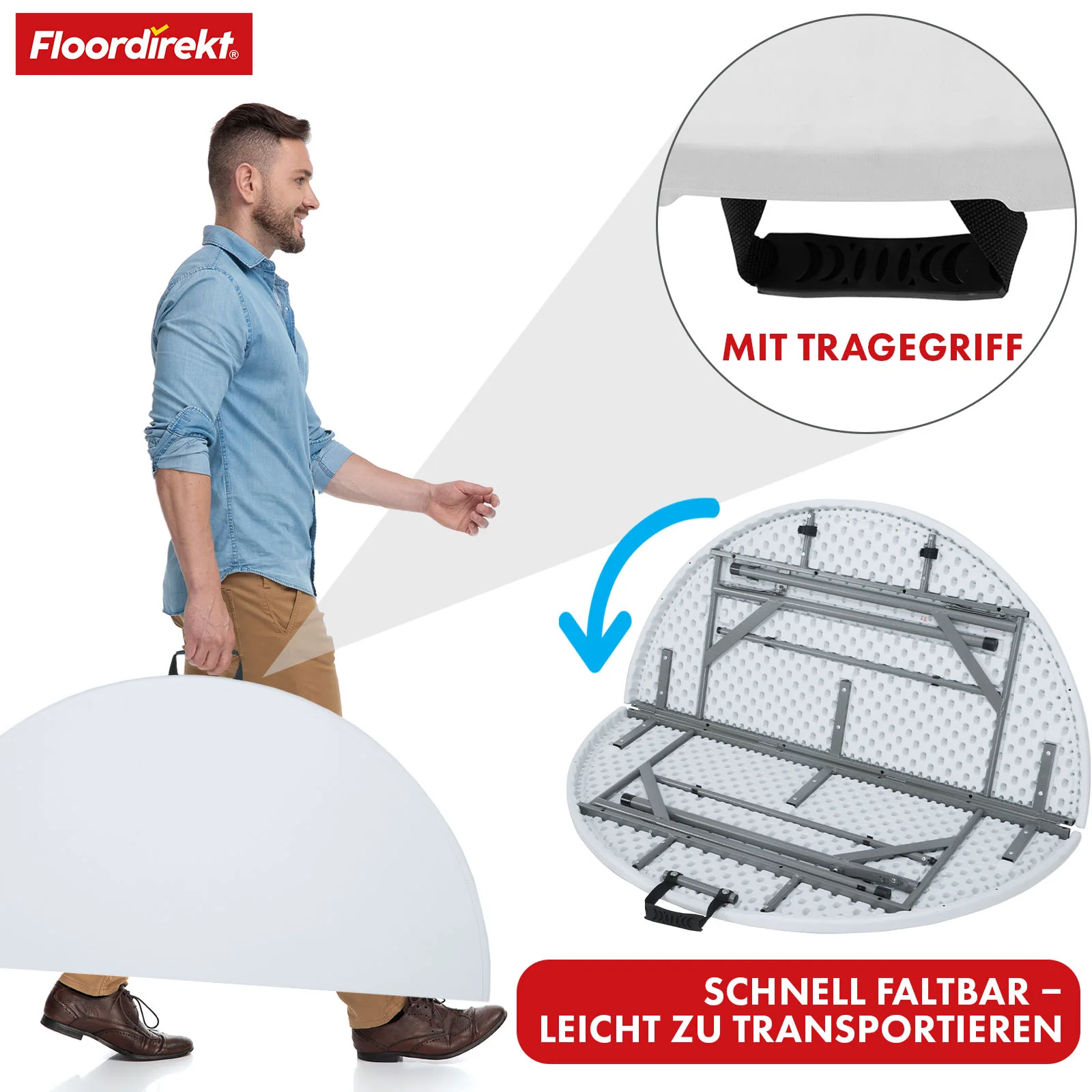 Klapptisch | Shiga | Runder weißer Gartentisch | Faltbar mit Tragegriff | 120 cm Durchmesser - Image 3
