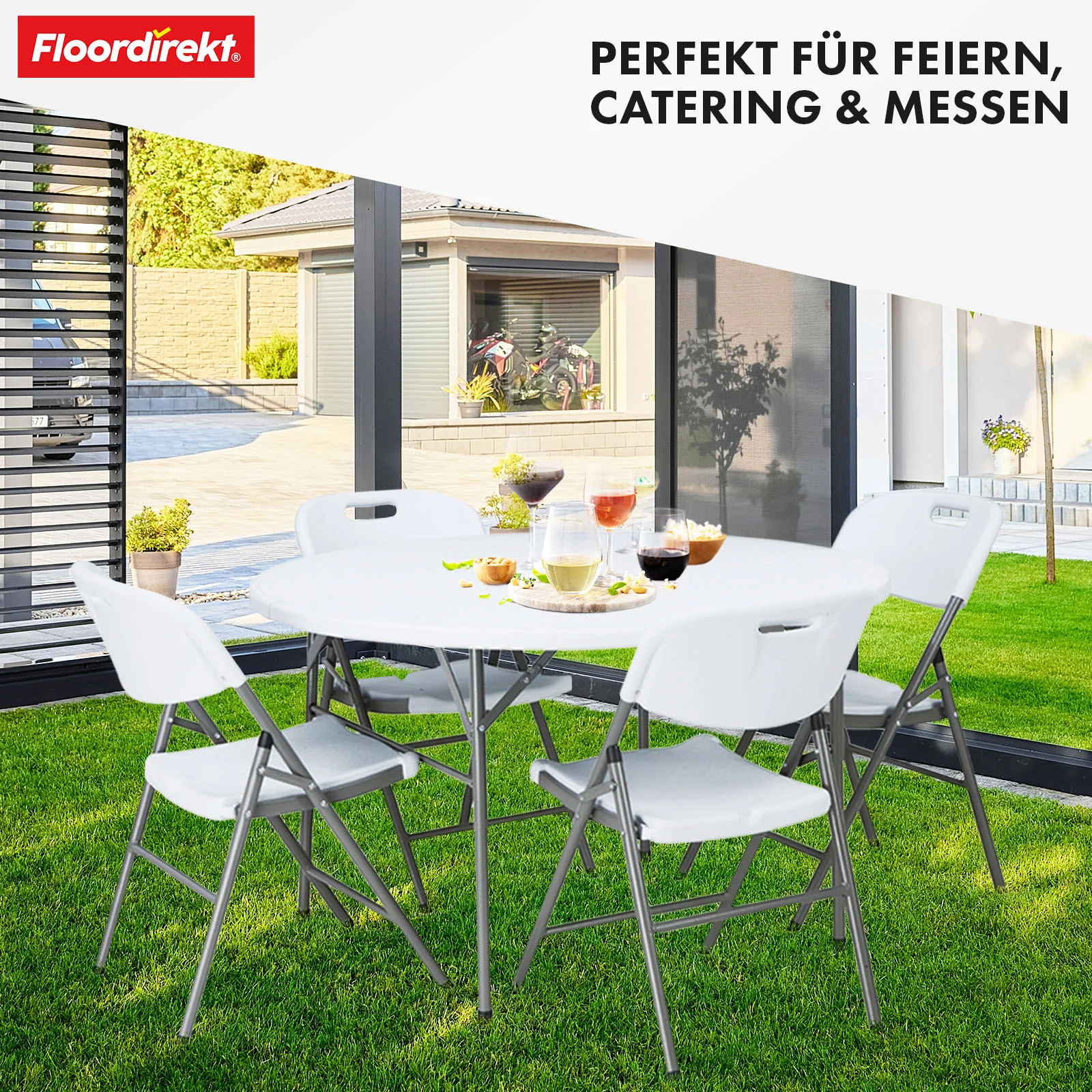 Klapptisch | Shiga | Runder weißer Gartentisch | Faltbar mit Tragegriff | 120 cm Durchmesser - Image 4
