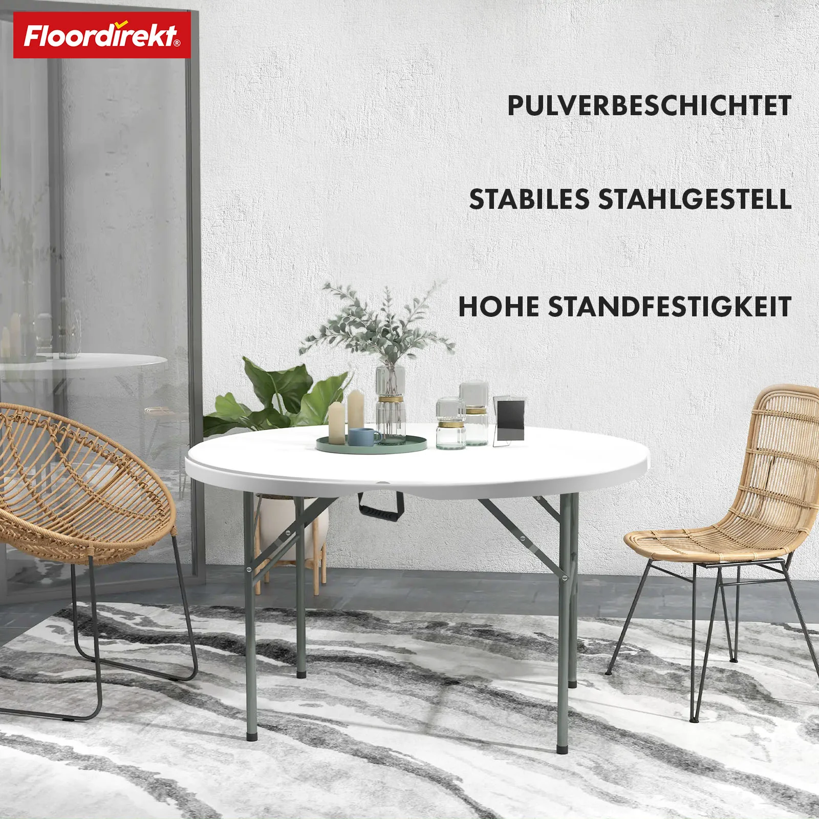 Klapptisch | Shiga | Runder weißer Gartentisch | Faltbar mit Tragegriff | 120 cm Durchmesser - Image 6