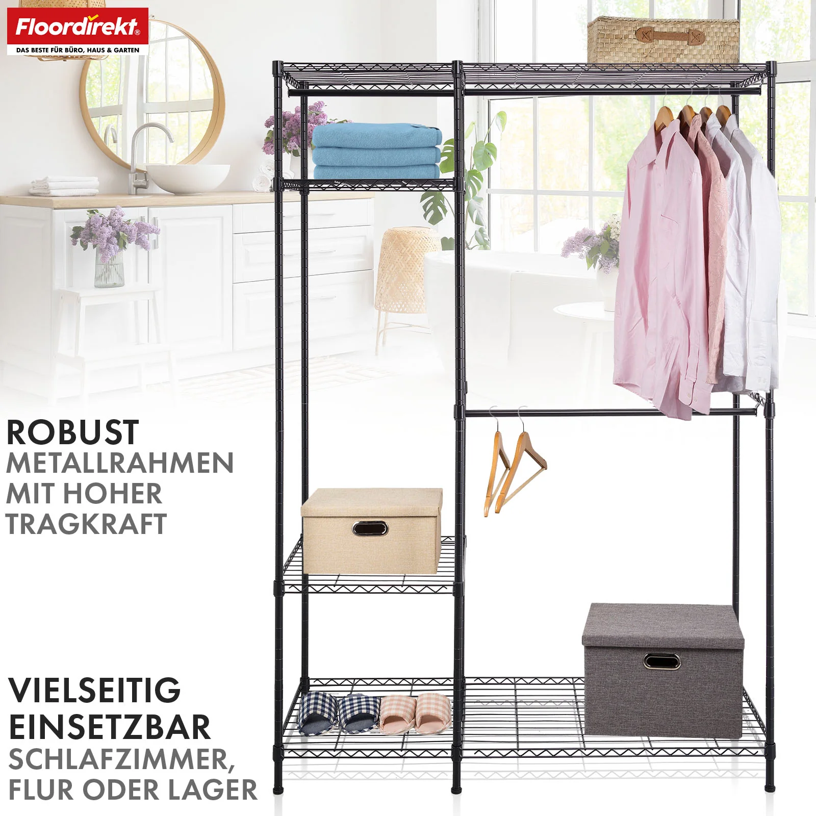 Kleiderschrank | Edward | Offener Kleiderständer aus pulverbeschichtetem Stahl mit Kleiderstangen & verstellbaren Ablagen - Image 6
