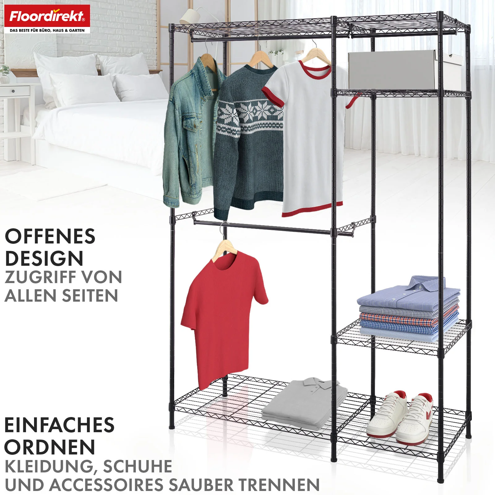 Kleiderschrank | Edward | Offener Kleiderständer aus pulverbeschichtetem Stahl mit Kleiderstangen & verstellbaren Ablagen - Image 7