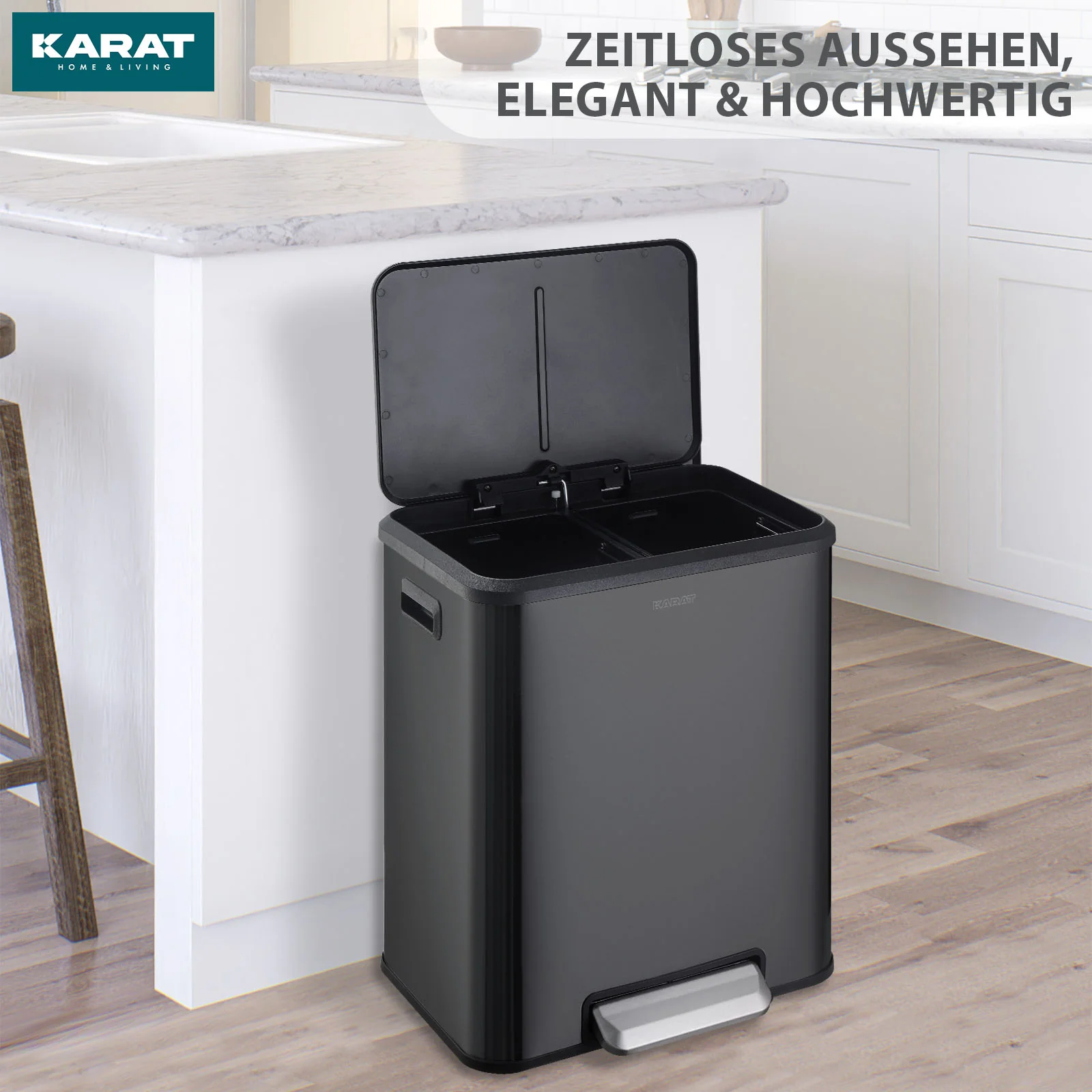 Mülleimer | Jack | 30 L Fassungsvermögen | 2-fach Mülltrennung | Soft-Close & Pedal | Edelstahl oder Schwarz - Image 18