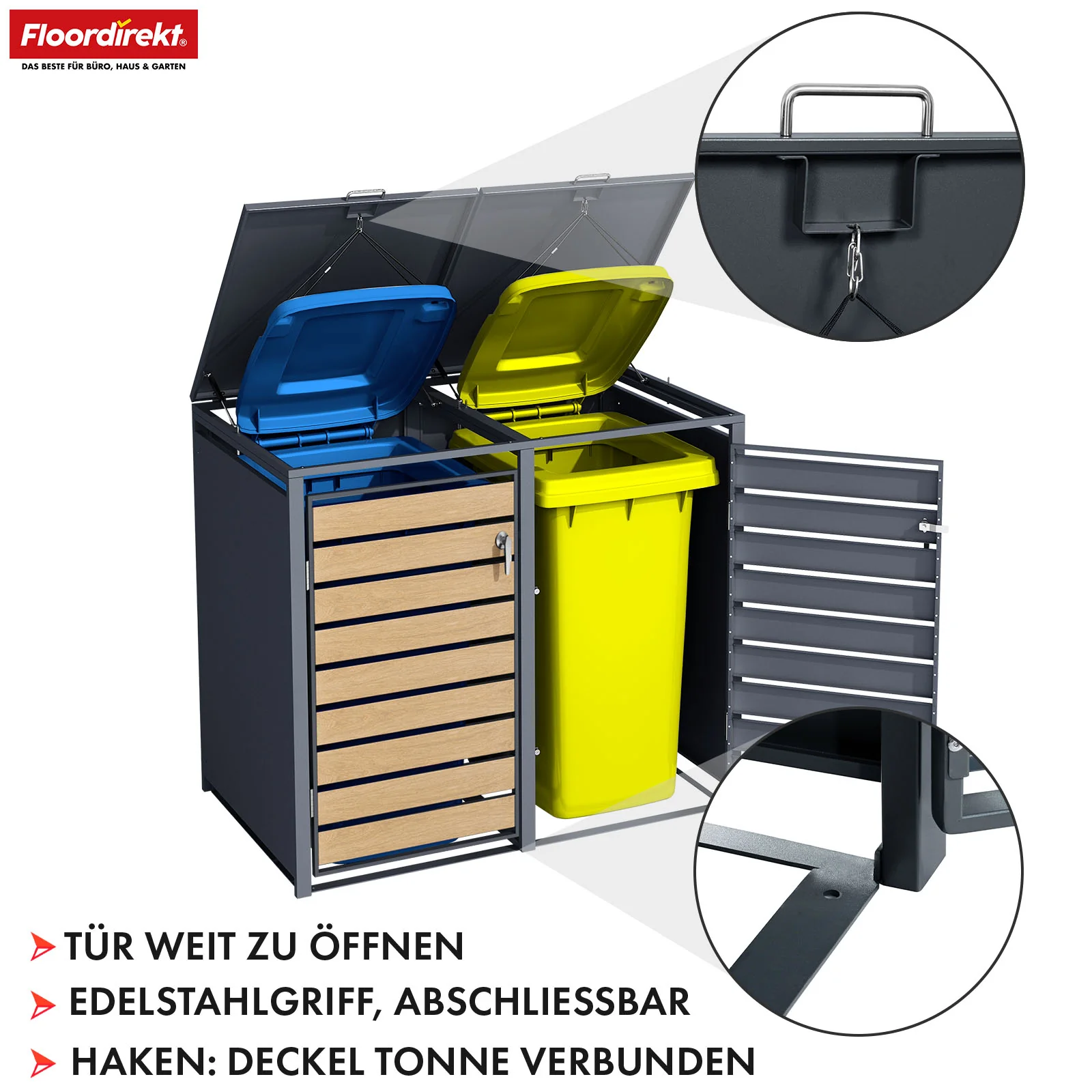 Mülltonnenbox | Johan | Anthrazitfarbene Mülltonnenverkleidung mit Holzdekor und robustem Edelstahlrahmen | 1–3 Türen | Mülltonnenaufbewahrung für 60–240 L - Image 11