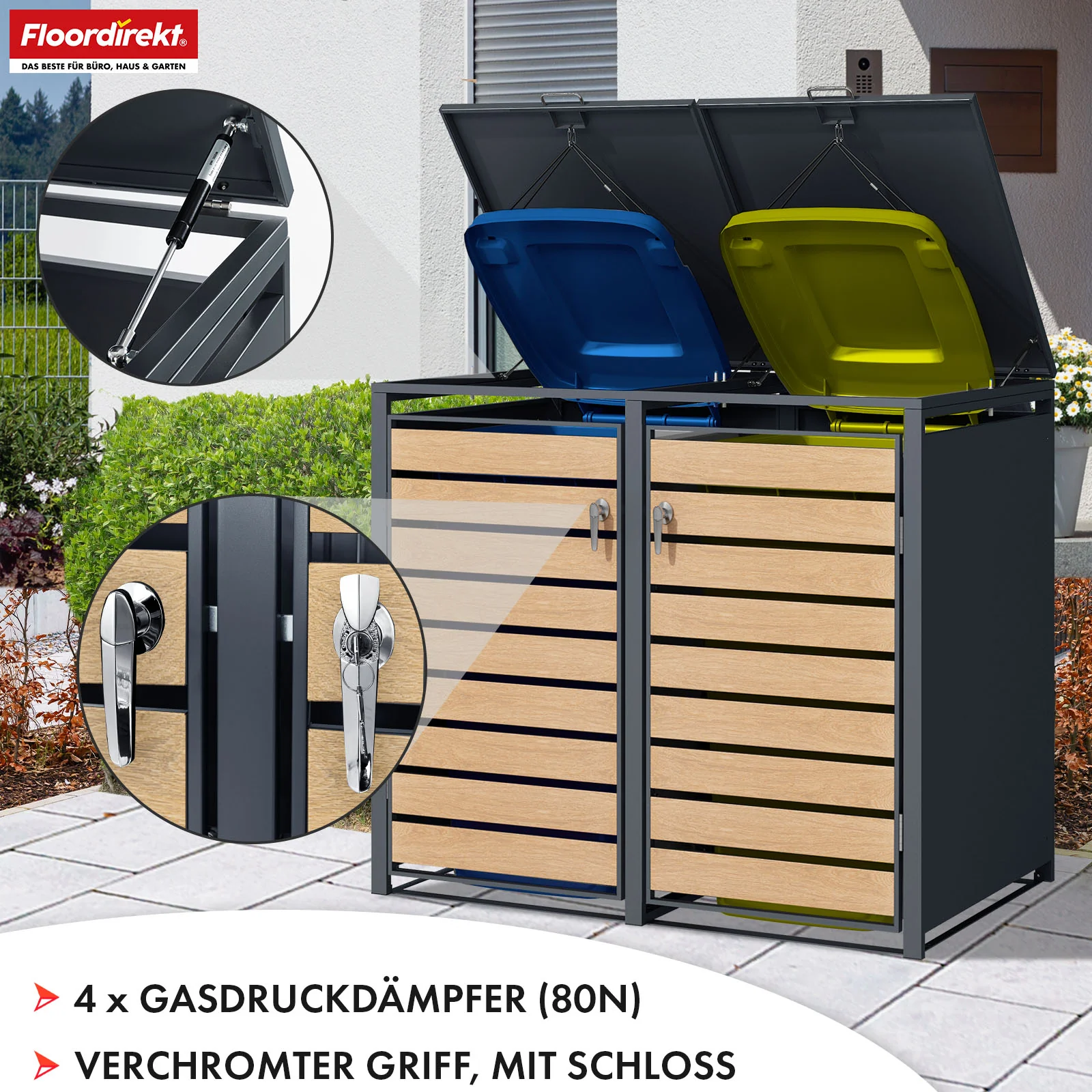 Mülltonnenbox | Johan | Anthrazitfarbene Mülltonnenverkleidung mit Holzdekor und robustem Edelstahlrahmen | 1–3 Türen | Mülltonnenaufbewahrung für 60–240 L - Image 12