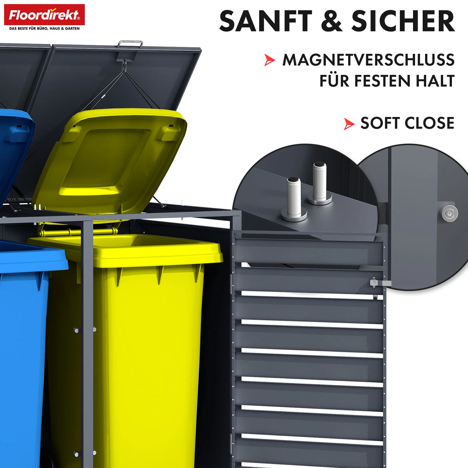 Mülltonnenbox | Johan | Anthrazitfarbene Mülltonnenverkleidung mit Holzdekor und robustem Edelstahlrahmen | 1–3 Türen | Mülltonnenaufbewahrung für 60–240 L - Image 13