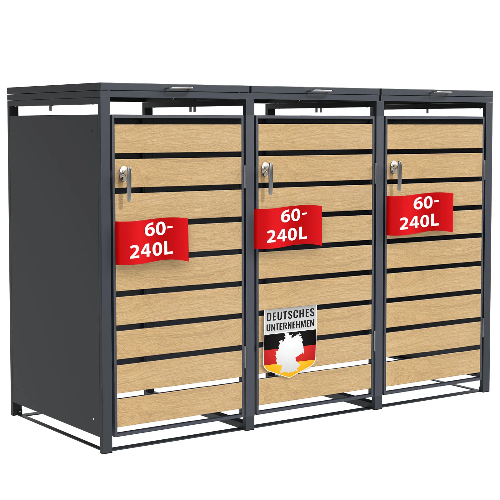 Mülltonnenbox | Johan | Anthrazitfarbene Mülltonnenverkleidung mit Holzdekor und robustem Edelstahlrahmen | 1–3 Türen | Mülltonnenaufbewahrung für 60–240 L - Image 15