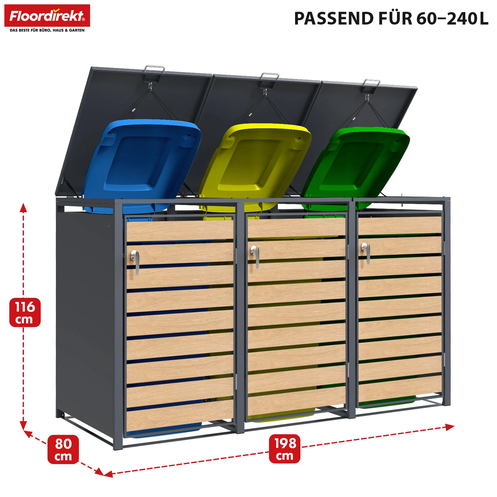 Mülltonnenbox | Johan | Anthrazitfarbene Mülltonnenverkleidung mit Holzdekor und robustem Edelstahlrahmen | 1–3 Türen | Mülltonnenaufbewahrung für 60–240 L - Image 16