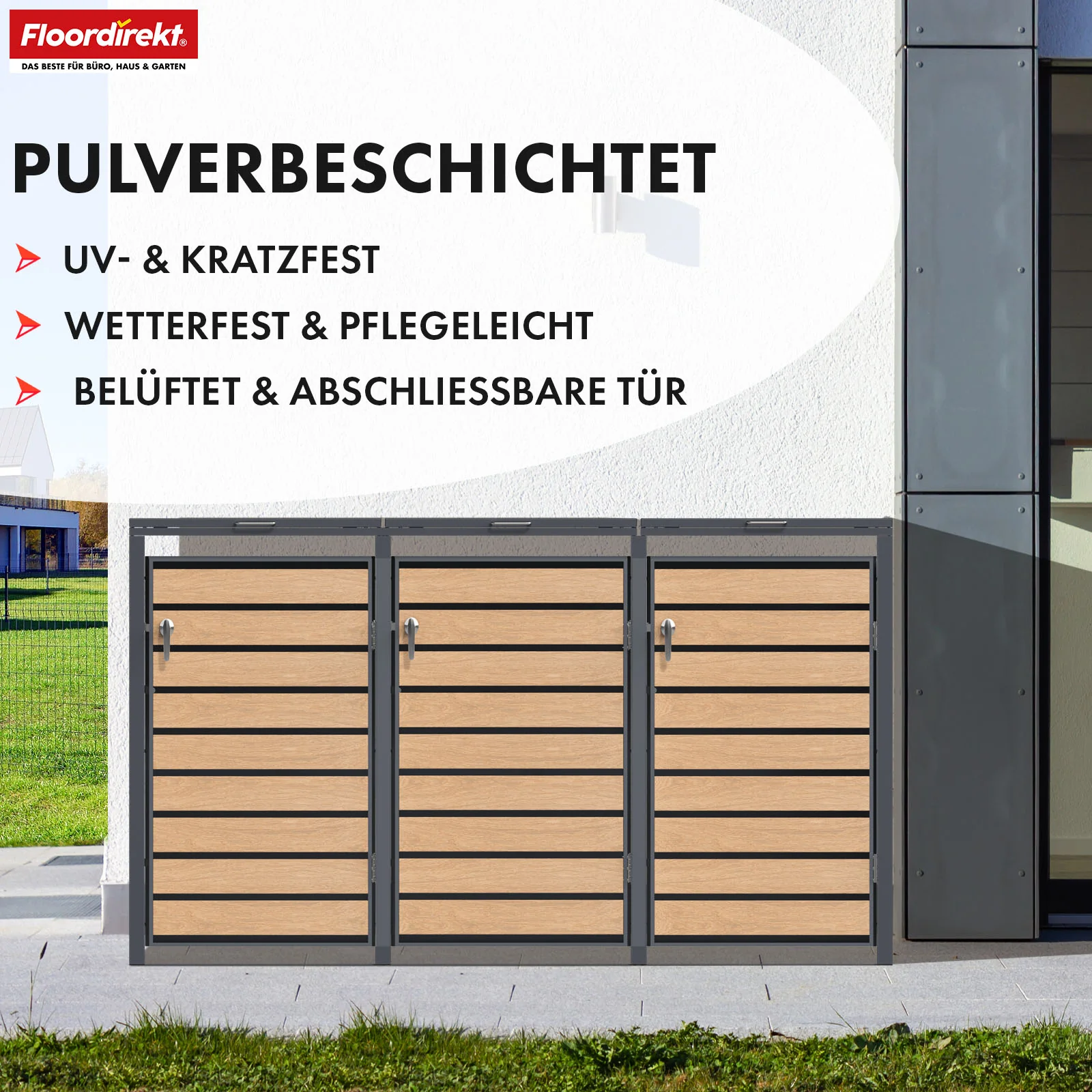 Mülltonnenbox | Johan | Anthrazitfarbene Mülltonnenverkleidung mit Holzdekor und robustem Edelstahlrahmen | 1–3 Türen | Mülltonnenaufbewahrung für 60–240 L - Image 17