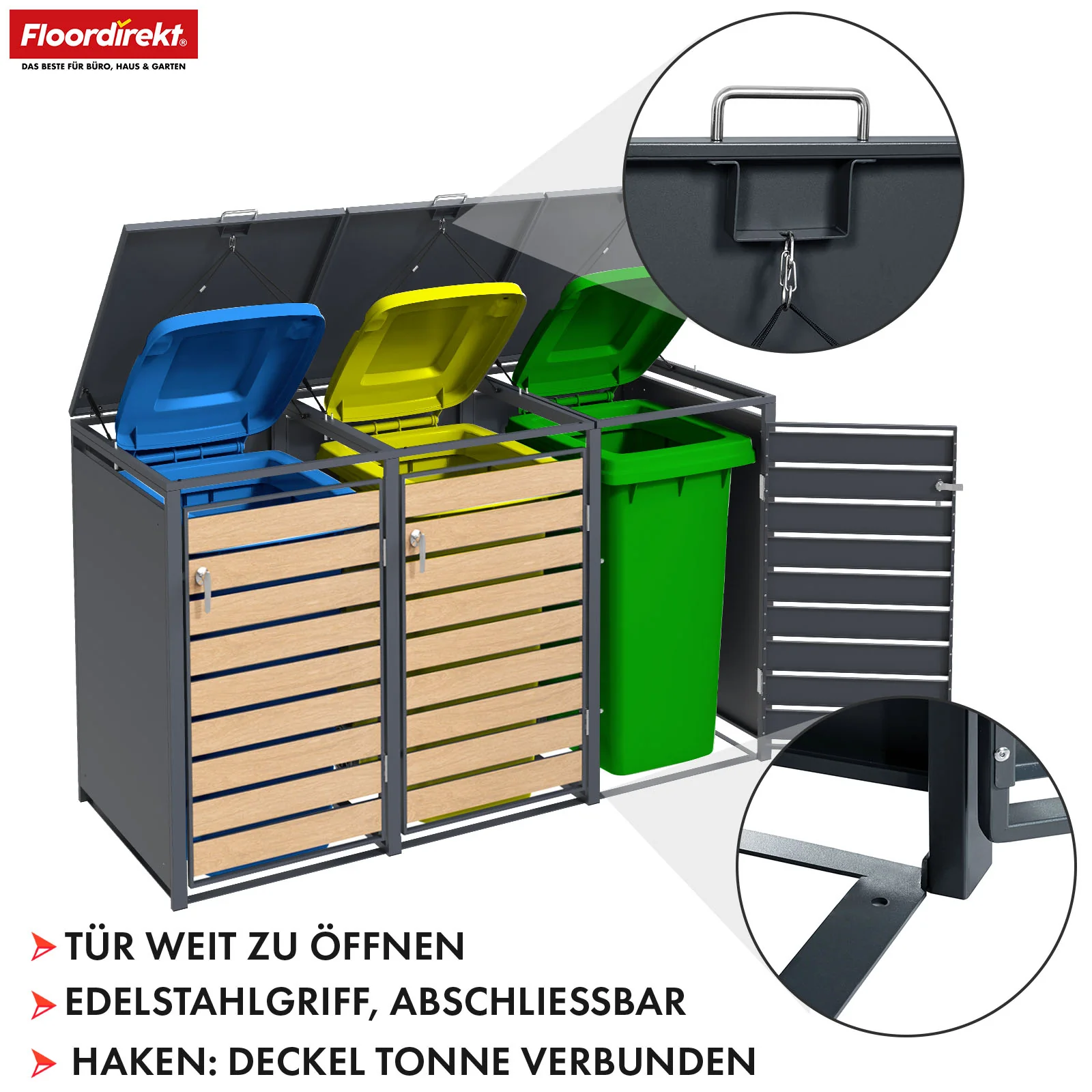 Mülltonnenbox | Johan | Anthrazitfarbene Mülltonnenverkleidung mit Holzdekor und robustem Edelstahlrahmen | 1–3 Türen | Mülltonnenaufbewahrung für 60–240 L - Image 18