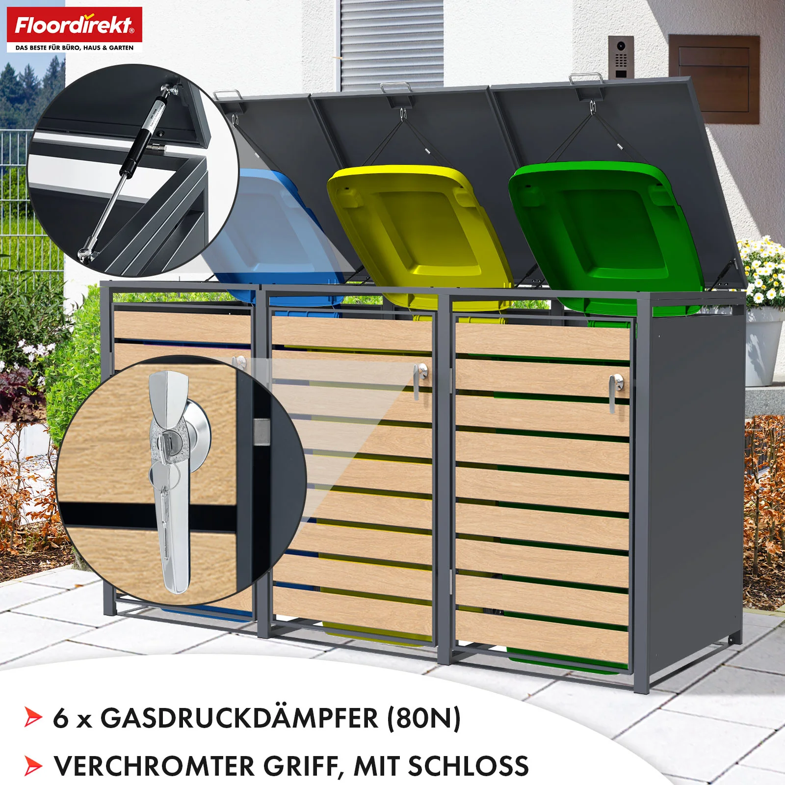 Mülltonnenbox | Johan | Anthrazitfarbene Mülltonnenverkleidung mit Holzdekor und robustem Edelstahlrahmen | 1–3 Türen | Mülltonnenaufbewahrung für 60–240 L - Image 19