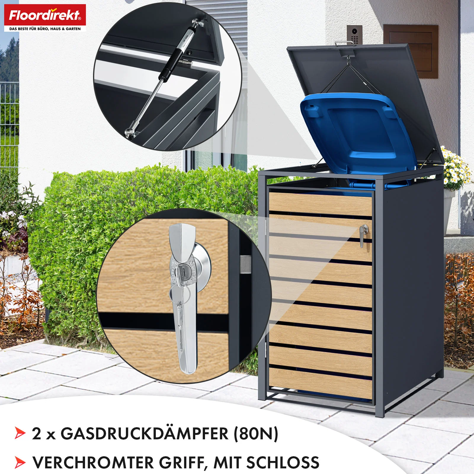 Mülltonnenbox | Johan | Anthrazitfarbene Mülltonnenverkleidung mit Holzdekor und robustem Edelstahlrahmen | 1–3 Türen | Mülltonnenaufbewahrung für 60–240 L - Image 5