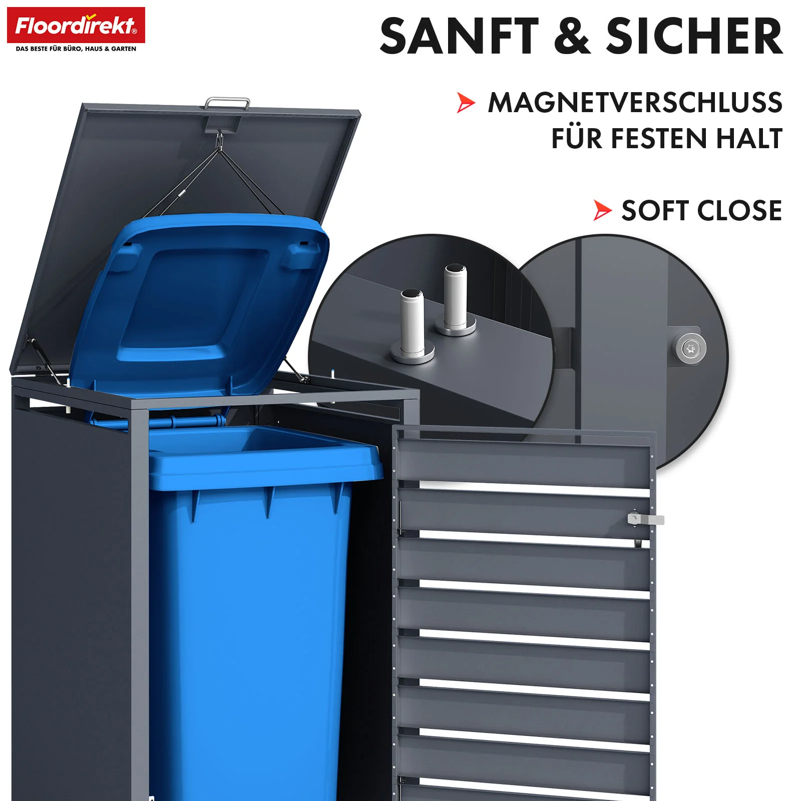 Mülltonnenbox | Johan | Anthrazitfarbene Mülltonnenverkleidung mit Holzdekor und robustem Edelstahlrahmen | 1–3 Türen | Mülltonnenaufbewahrung für 60–240 L - Image 6