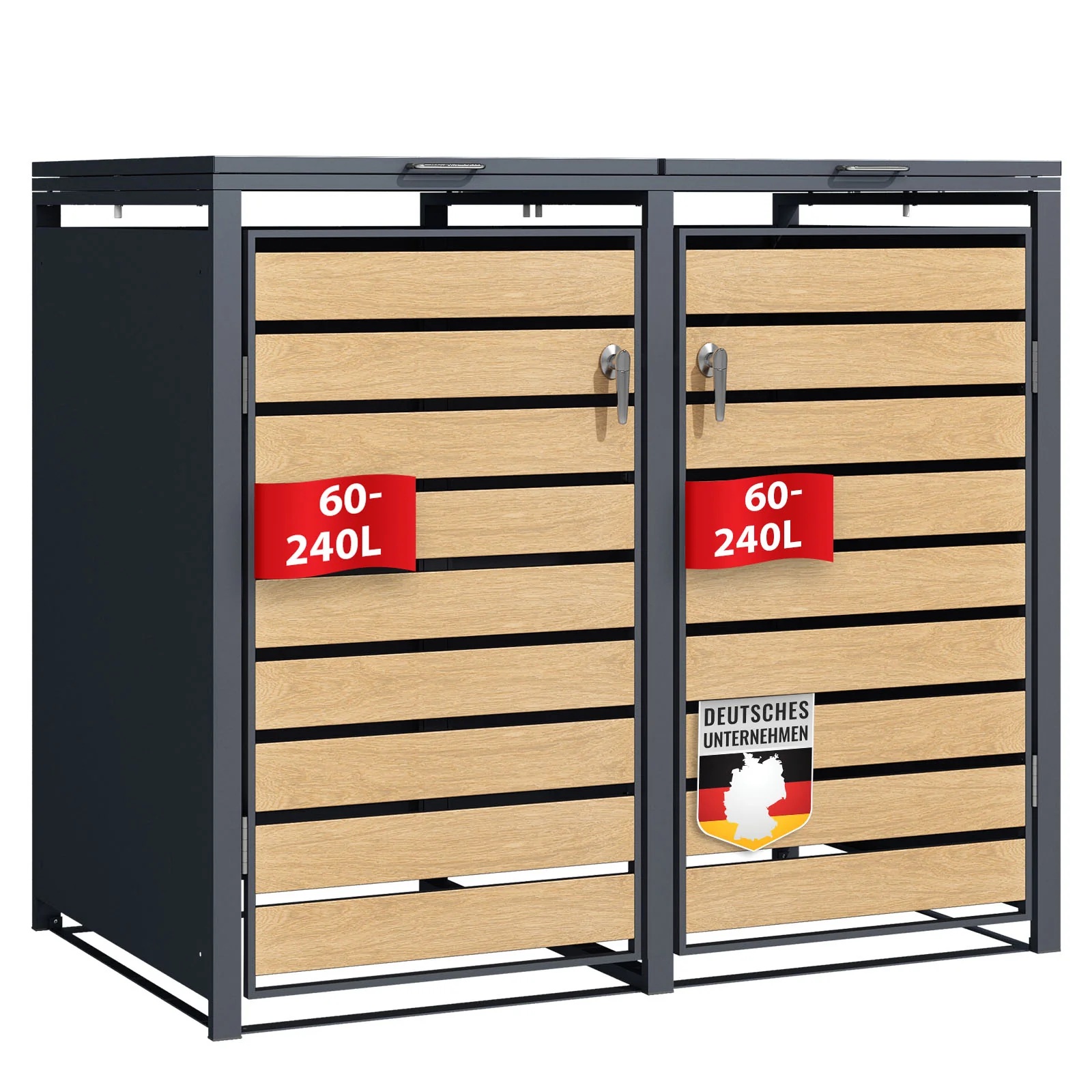 Mülltonnenbox | Johan | Anthrazitfarbene Mülltonnenverkleidung mit Holzdekor und robustem Edelstahlrahmen | 1–3 Türen | Mülltonnenaufbewahrung für 60–240 L - Image 8