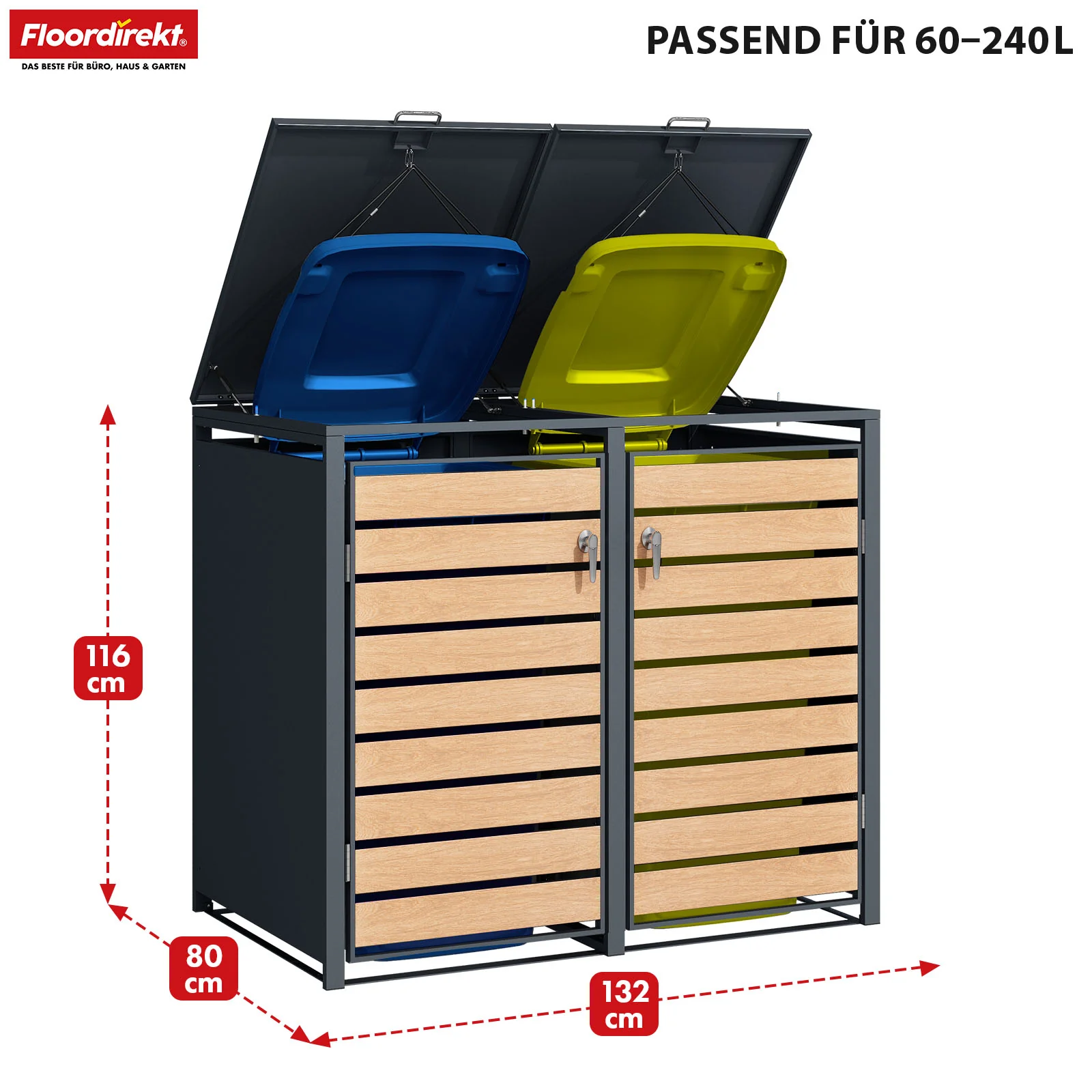 Mülltonnenbox | Johan | Anthrazitfarbene Mülltonnenverkleidung mit Holzdekor und robustem Edelstahlrahmen | 1–3 Türen | Mülltonnenaufbewahrung für 60–240 L - Image 9