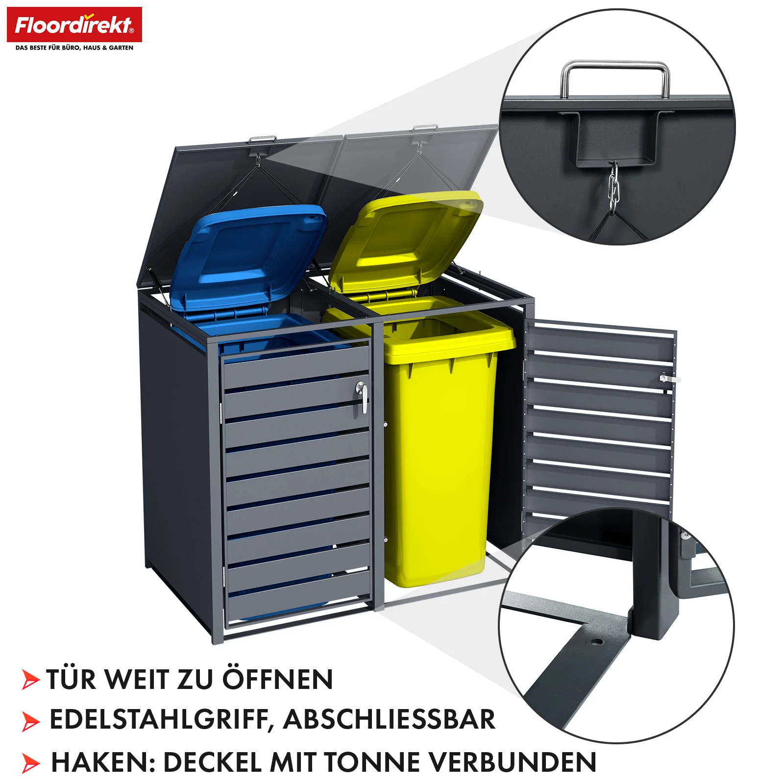 Mülltonnenbox | Magnus | Wetterfeste Anthrazitfarbene Mülltonnenverkleidung mit Edelstahlrahmen | 1–3 Türen | Für 60–240 L Mülltonnen geeignet - Image 11
