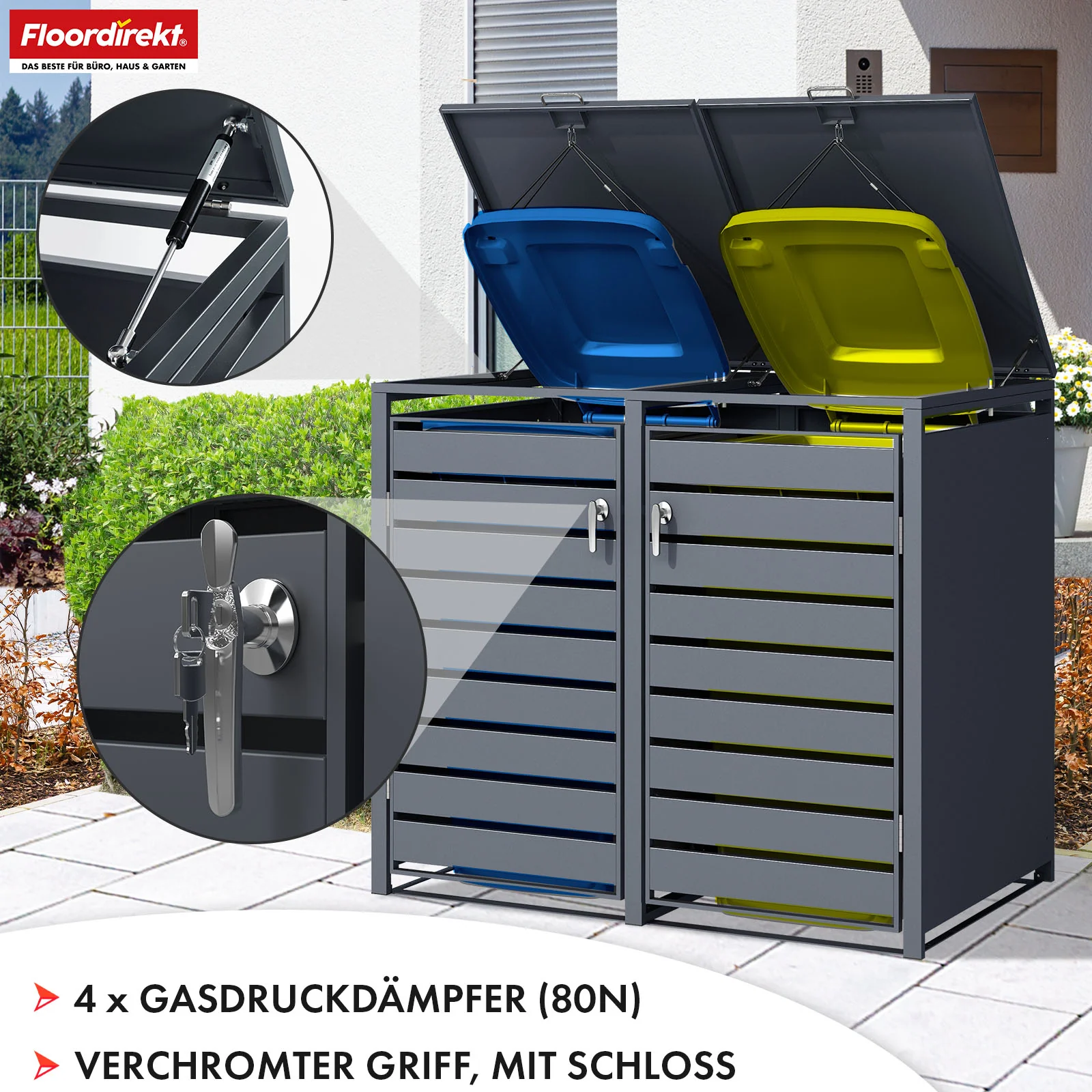 Mülltonnenbox | Magnus | Wetterfeste Anthrazitfarbene Mülltonnenverkleidung mit Edelstahlrahmen | 1–3 Türen | Für 60–240 L Mülltonnen geeignet - Image 12
