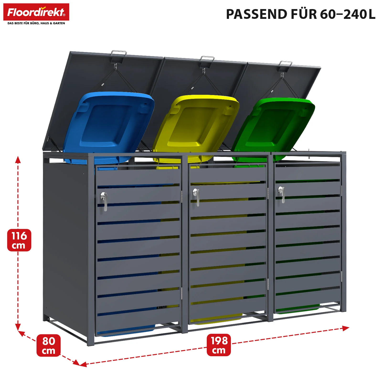 Mülltonnenbox | Magnus | Wetterfeste Anthrazitfarbene Mülltonnenverkleidung mit Edelstahlrahmen | 1–3 Türen | Für 60–240 L Mülltonnen geeignet - Image 16