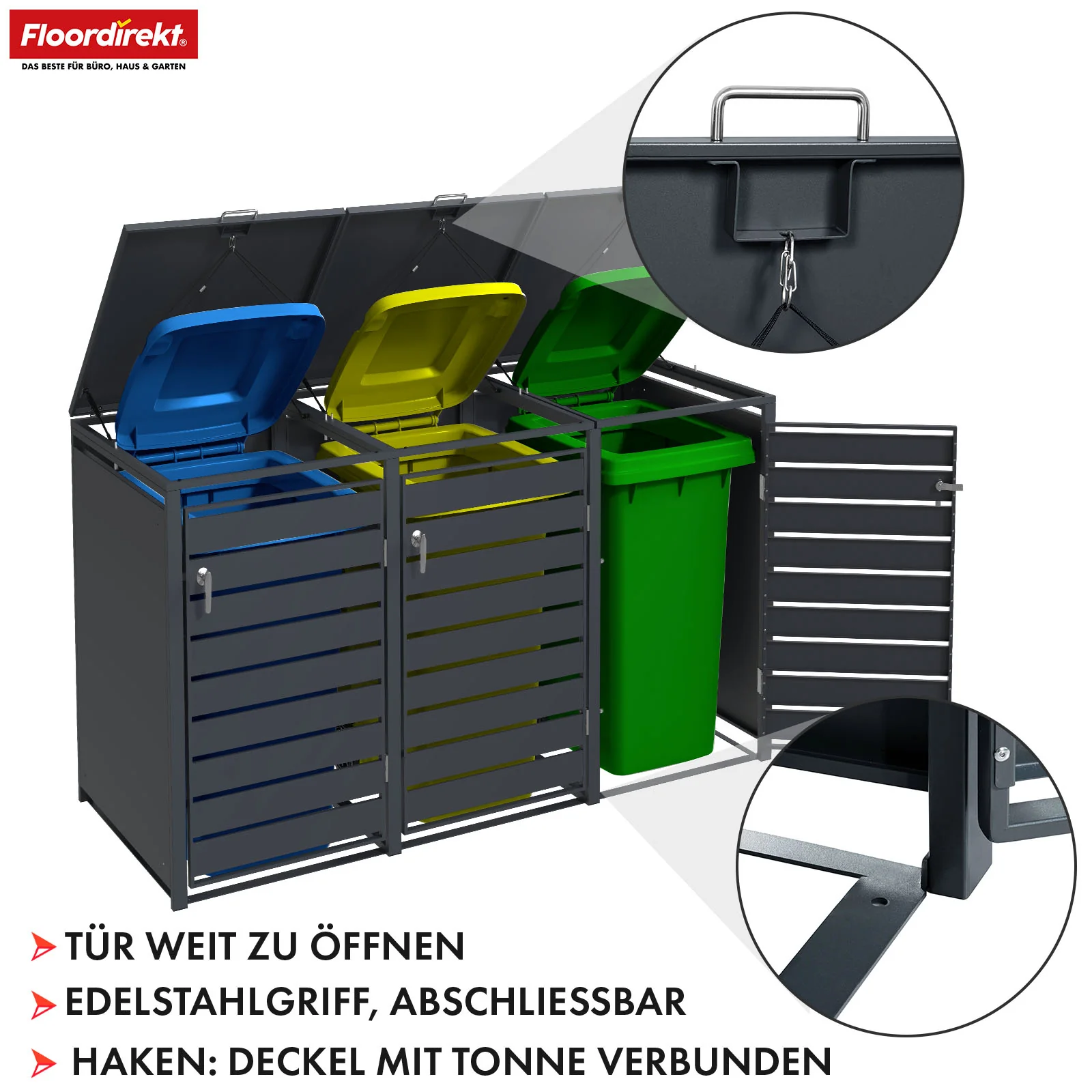 Mülltonnenbox | Magnus | Wetterfeste Anthrazitfarbene Mülltonnenverkleidung mit Edelstahlrahmen | 1–3 Türen | Für 60–240 L Mülltonnen geeignet - Image 18