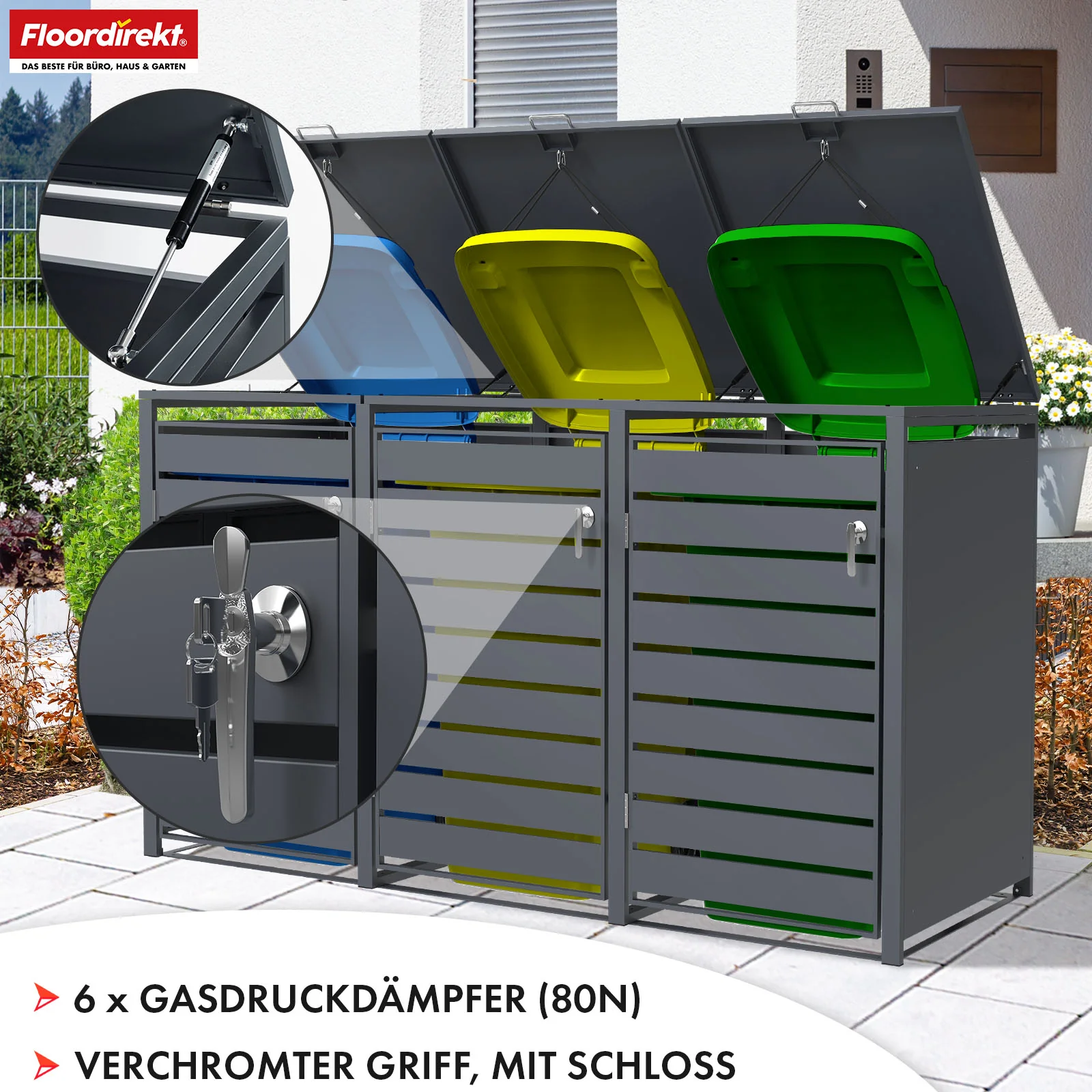 Mülltonnenbox | Magnus | Wetterfeste Anthrazitfarbene Mülltonnenverkleidung mit Edelstahlrahmen | 1–3 Türen | Für 60–240 L Mülltonnen geeignet - Image 19