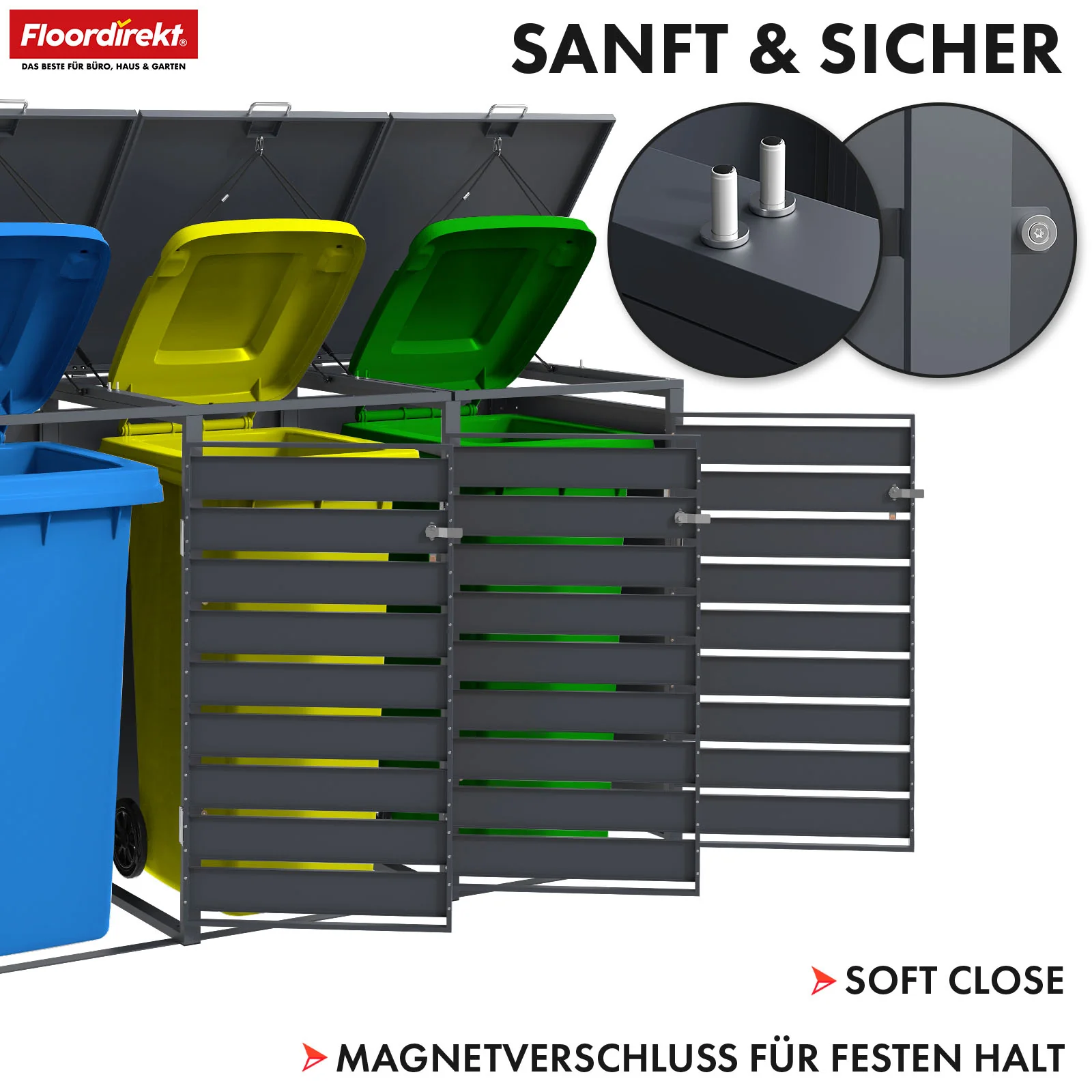Mülltonnenbox | Magnus | Wetterfeste Anthrazitfarbene Mülltonnenverkleidung mit Edelstahlrahmen | 1–3 Türen | Für 60–240 L Mülltonnen geeignet - Image 20