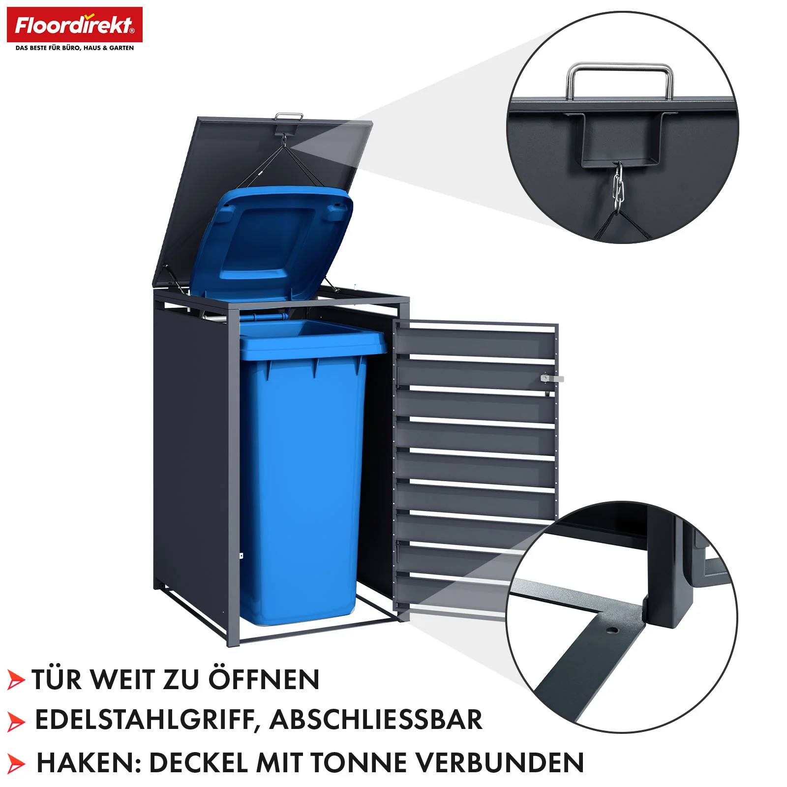 Mülltonnenbox | Magnus | Wetterfeste Anthrazitfarbene Mülltonnenverkleidung mit Edelstahlrahmen | 1–3 Türen | Für 60–240 L Mülltonnen geeignet - Image 4