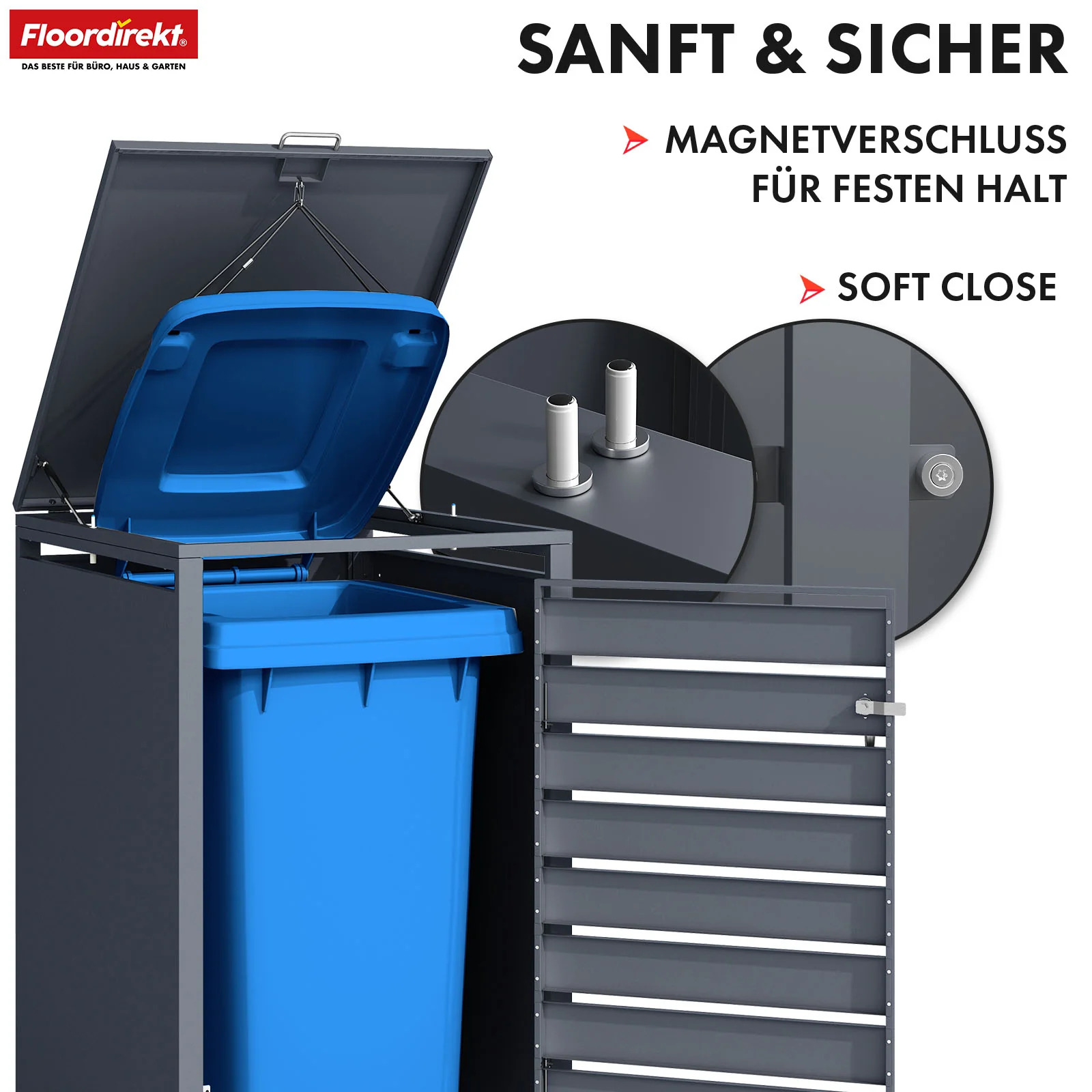 Mülltonnenbox | Magnus | Wetterfeste Anthrazitfarbene Mülltonnenverkleidung mit Edelstahlrahmen | 1–3 Türen | Für 60–240 L Mülltonnen geeignet - Image 6