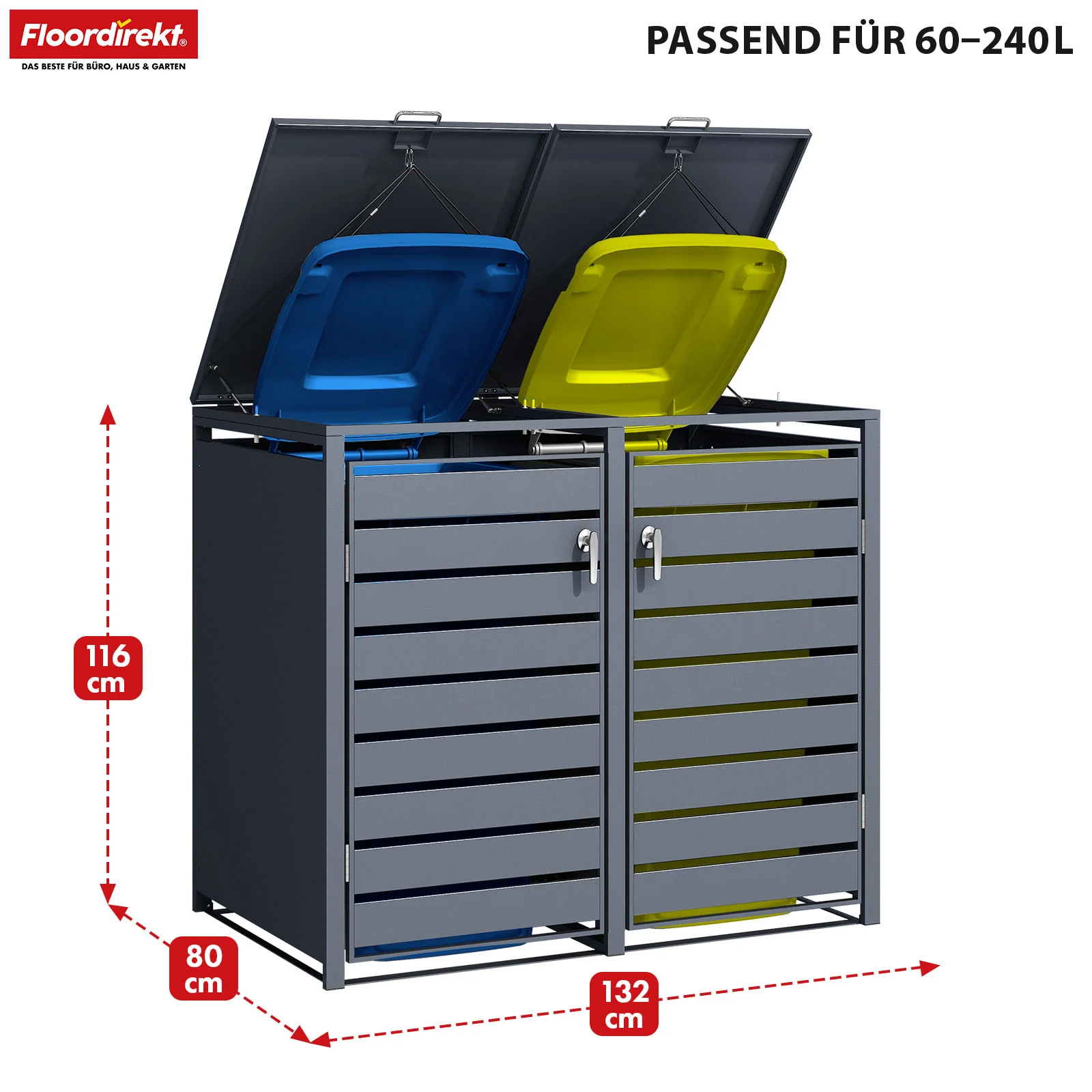Mülltonnenbox | Magnus | Wetterfeste Anthrazitfarbene Mülltonnenverkleidung mit Edelstahlrahmen | 1–3 Türen | Für 60–240 L Mülltonnen geeignet - Image 9