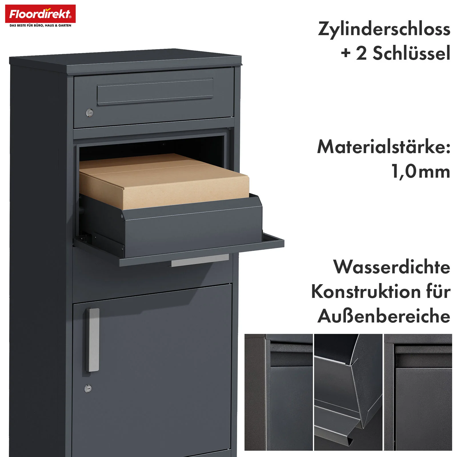 Paketbox mit Briefkasten | Francois | Wasserdichter Paketbriefkasten aus Stahl, abschließbar & freistehend in Anthrazit - Image 3