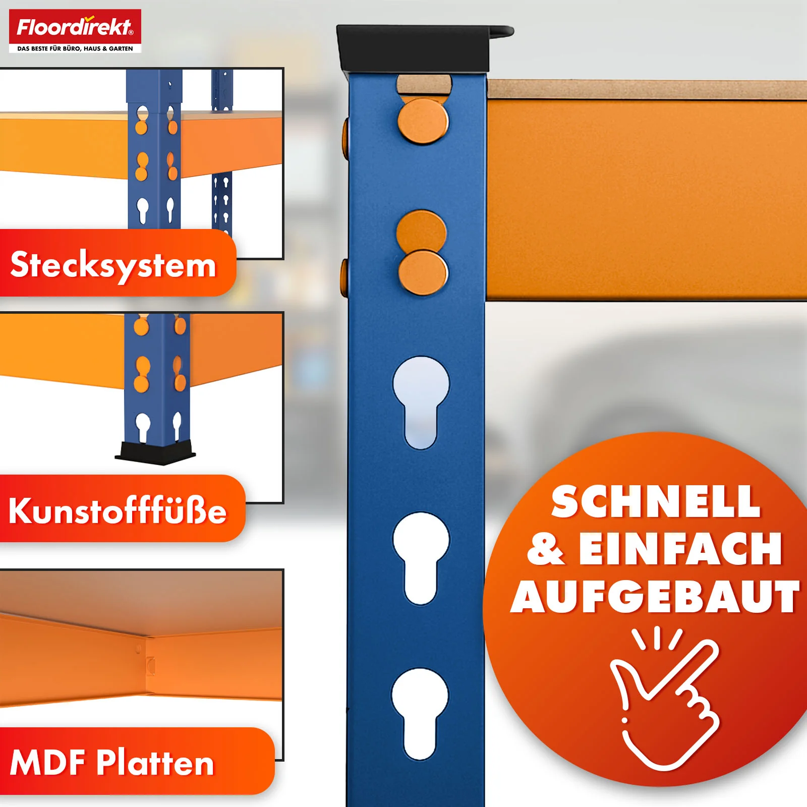 Schwerlastregal | Rhino | Lagerregal mit 5 Böden | 1050 kg Traglast | innovatives Stecksystem | In verschiedenen Farben & Größen - Image 27